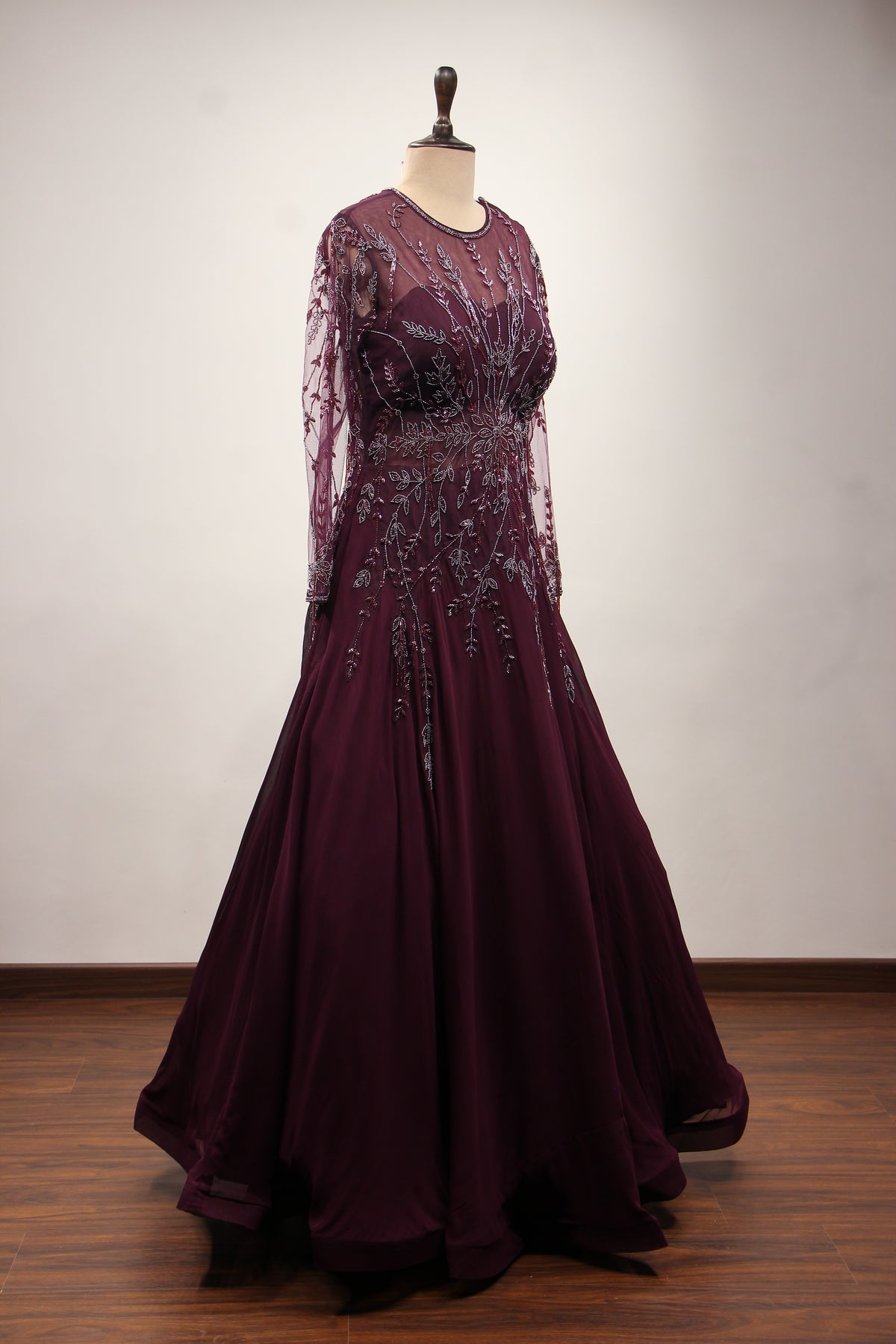 Wine Georgette Floor Length Gown with Cut Dana & Bead Handwork – side view