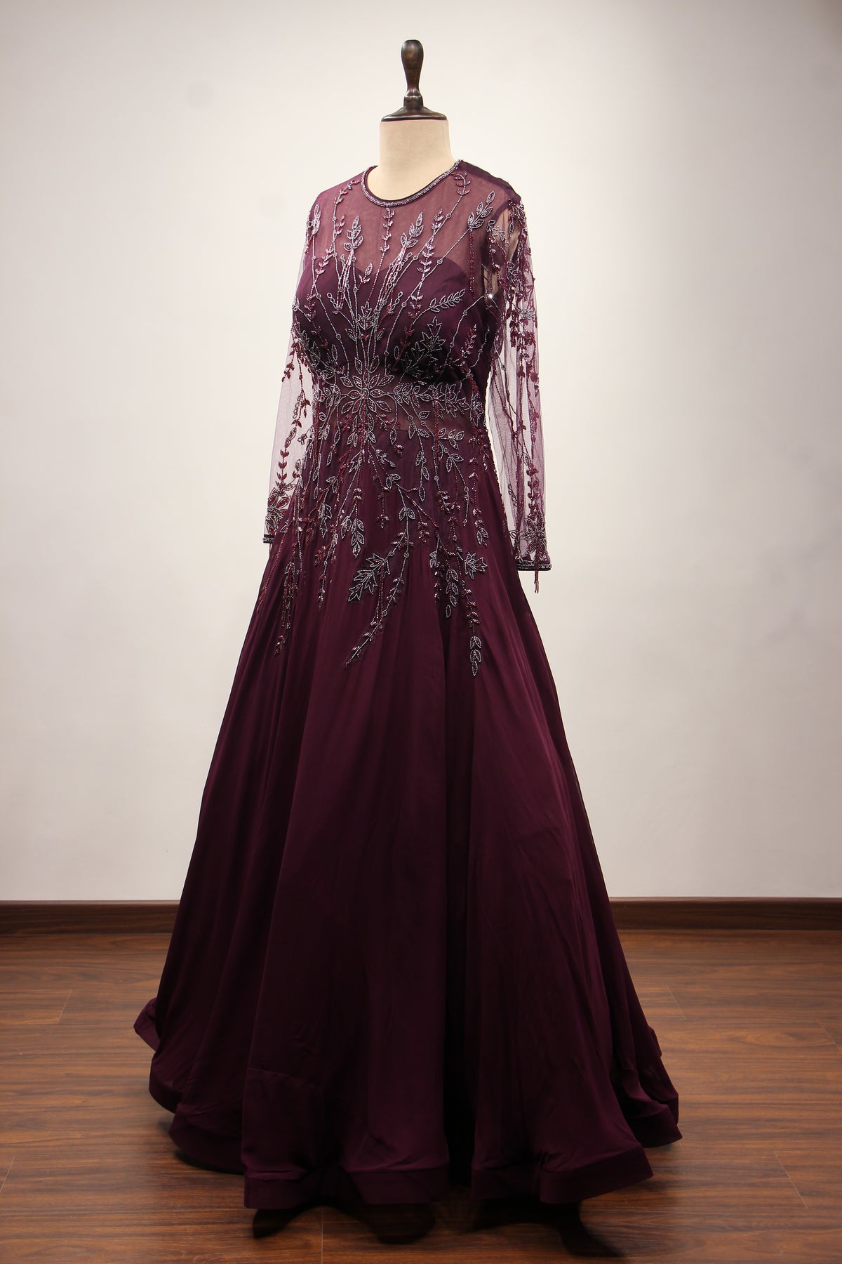 Wine Georgette Floor Length Gown with Cut Dana & Bead Handwork – other side view