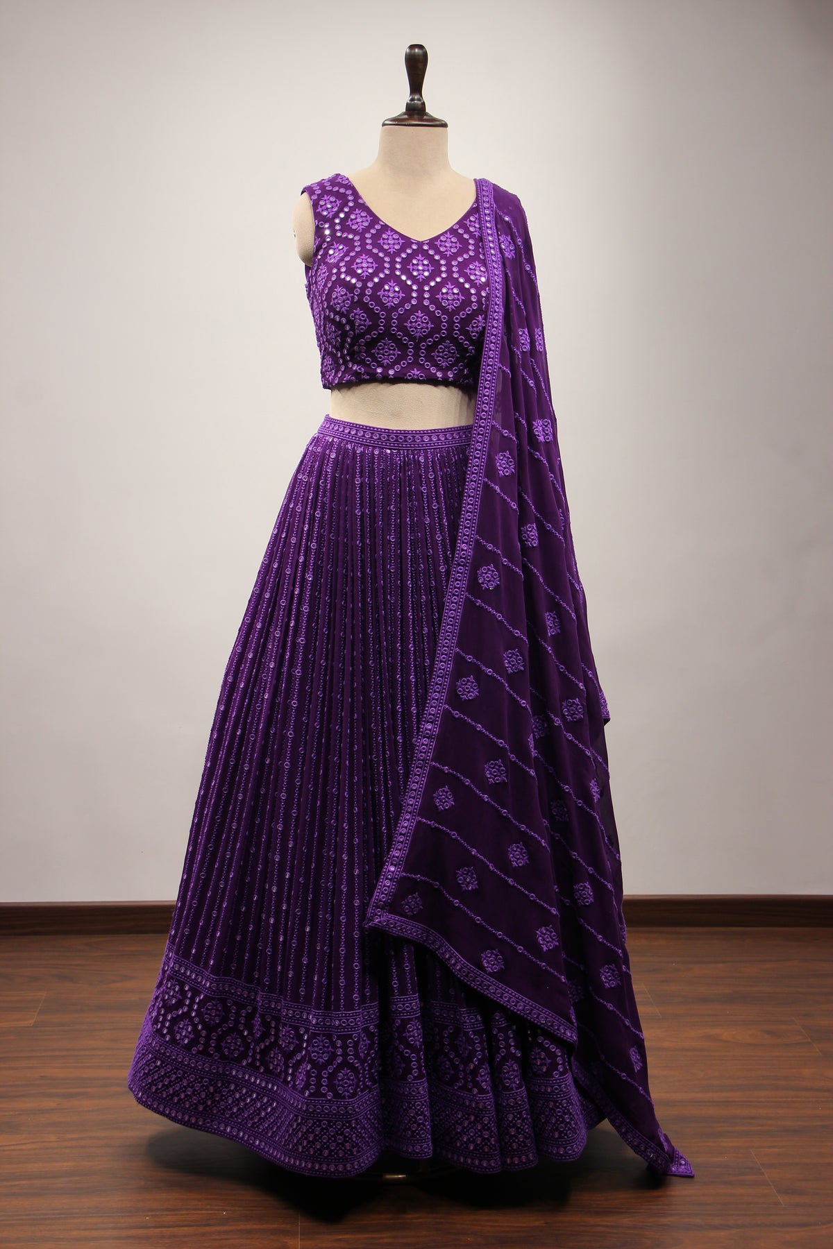 Purple Lucknavi Lehenga with Mirror & Resham Handwork Crop Top