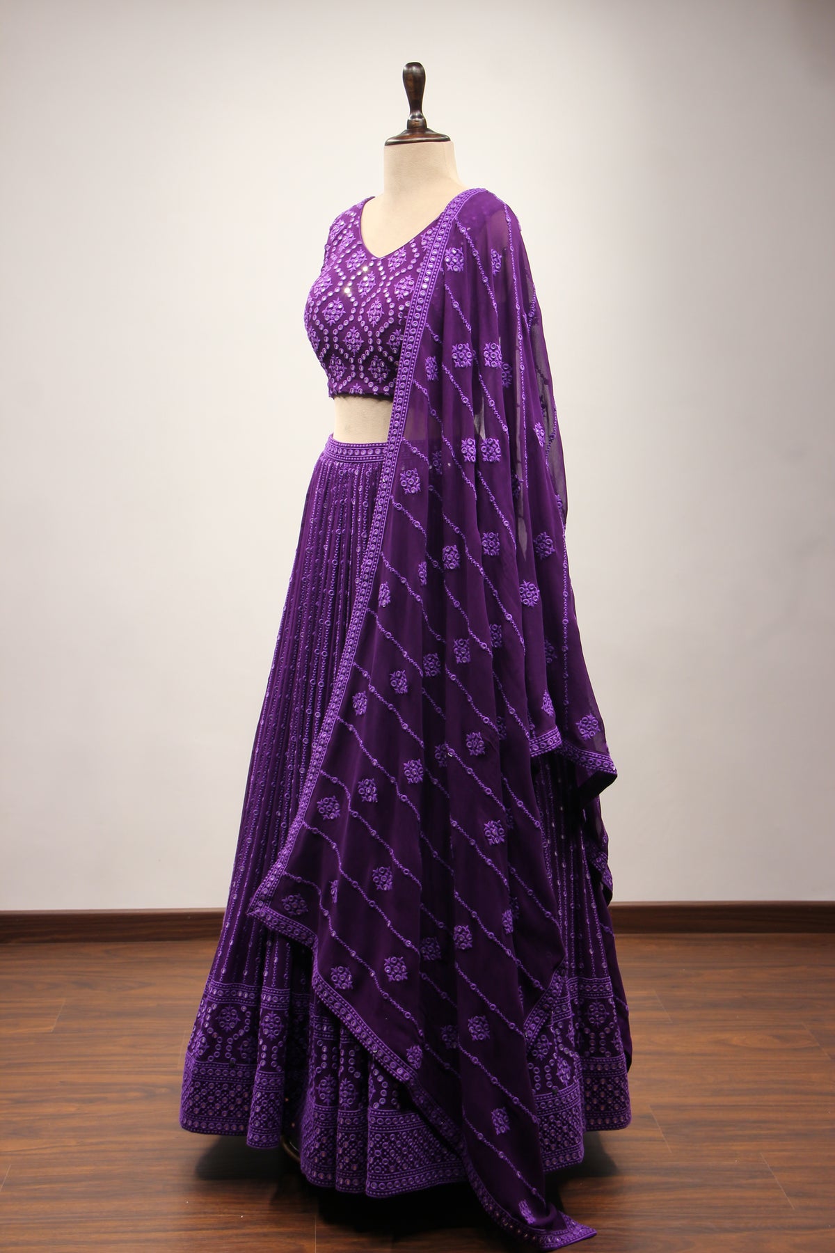 Purple Lucknavi Lehenga with Mirror & Resham Handwork Crop Top