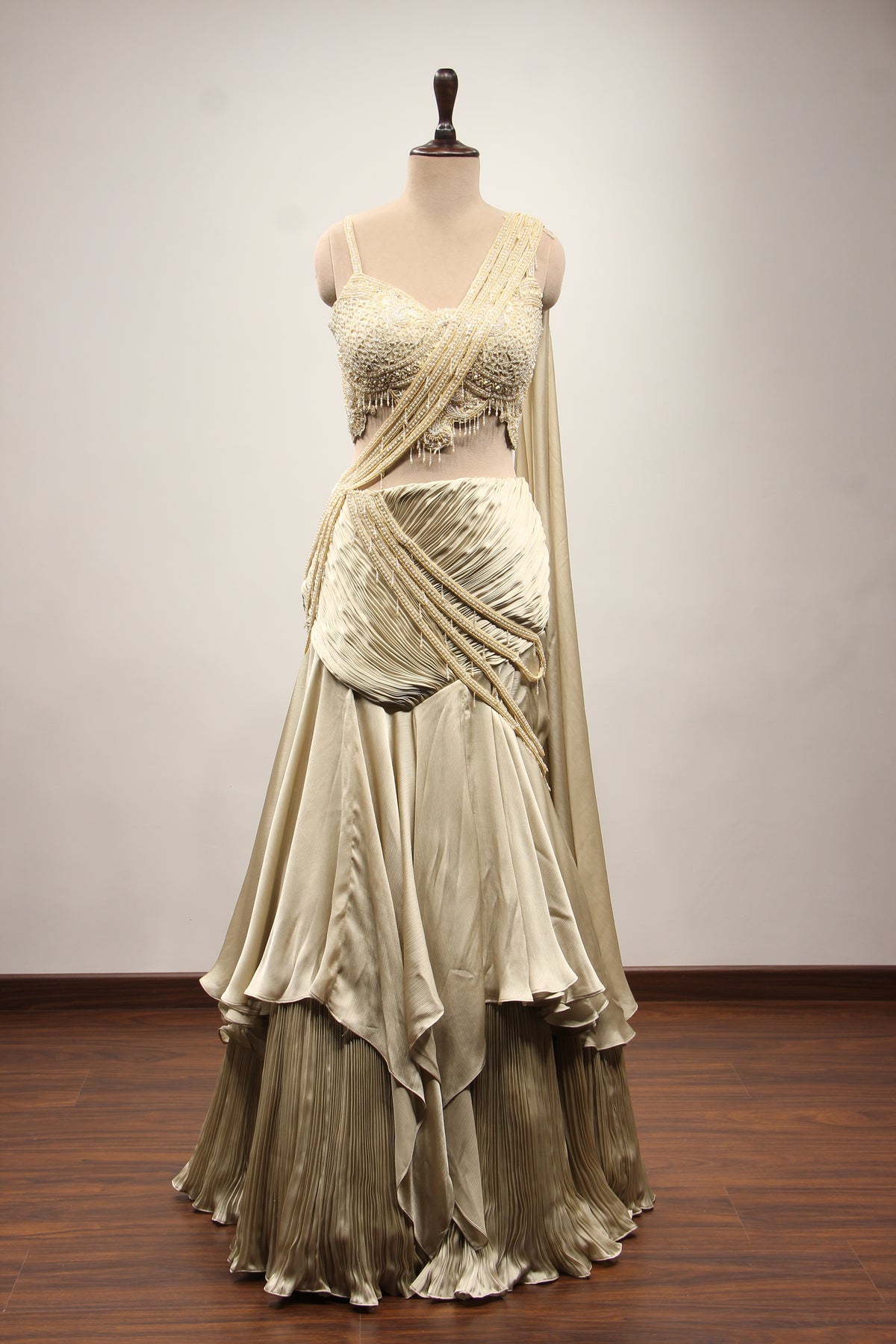 Ivory Satin Drape Skirt Lehenga with Bead & Pearl Handwork Crop Top – front view, without cape