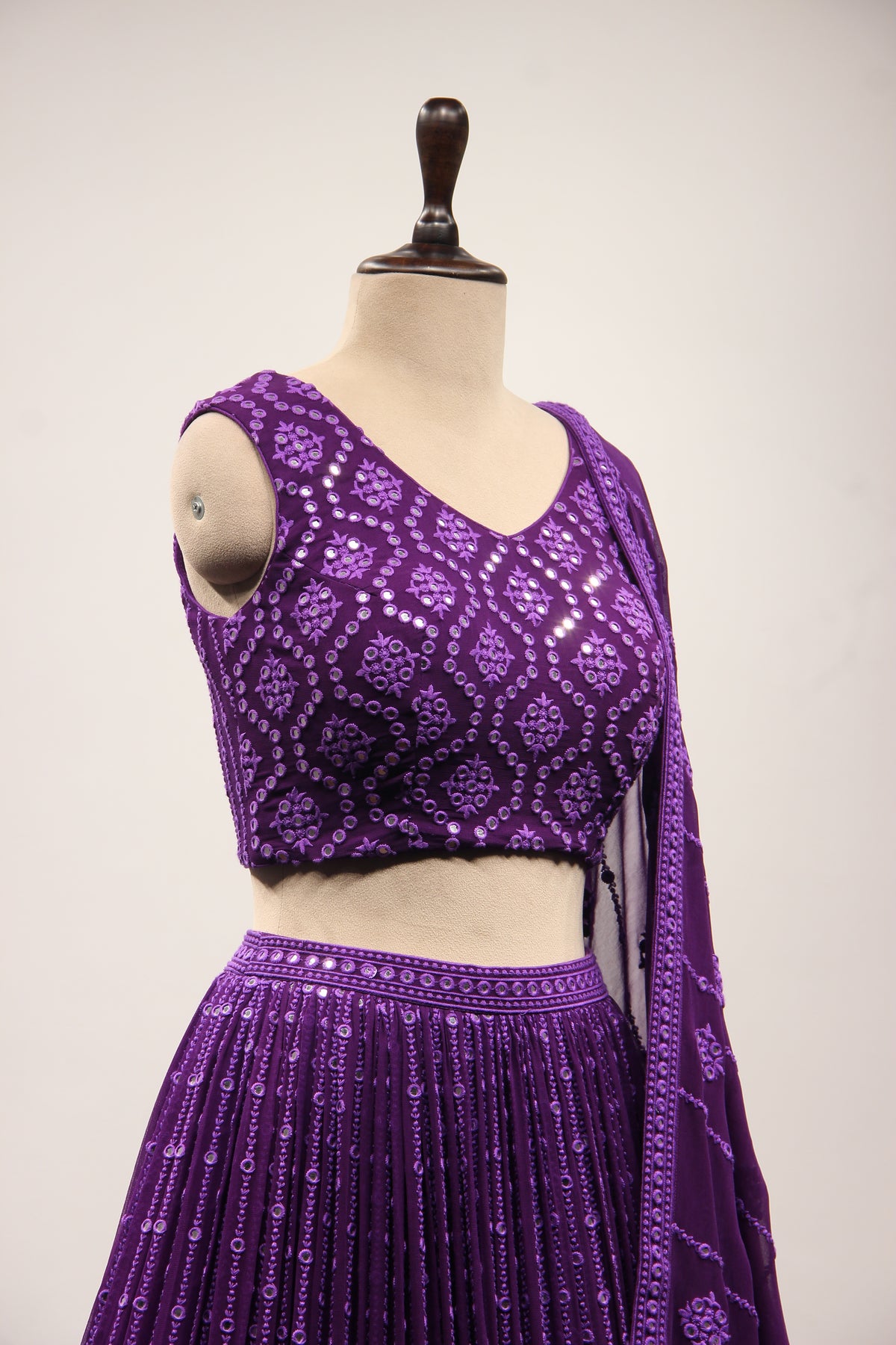 Purple Lucknavi Lehenga with Mirror & Resham Handwork Crop Top