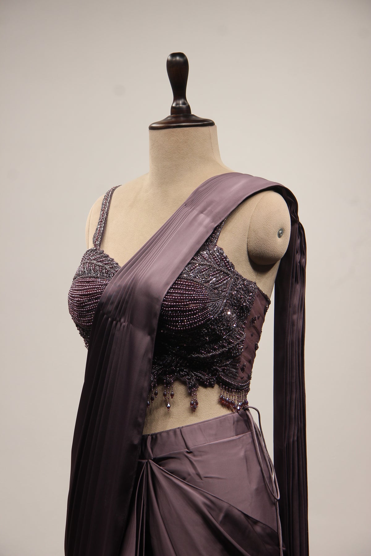 Purple Satin Drape Saree with Bead & Cut Dana Handwork