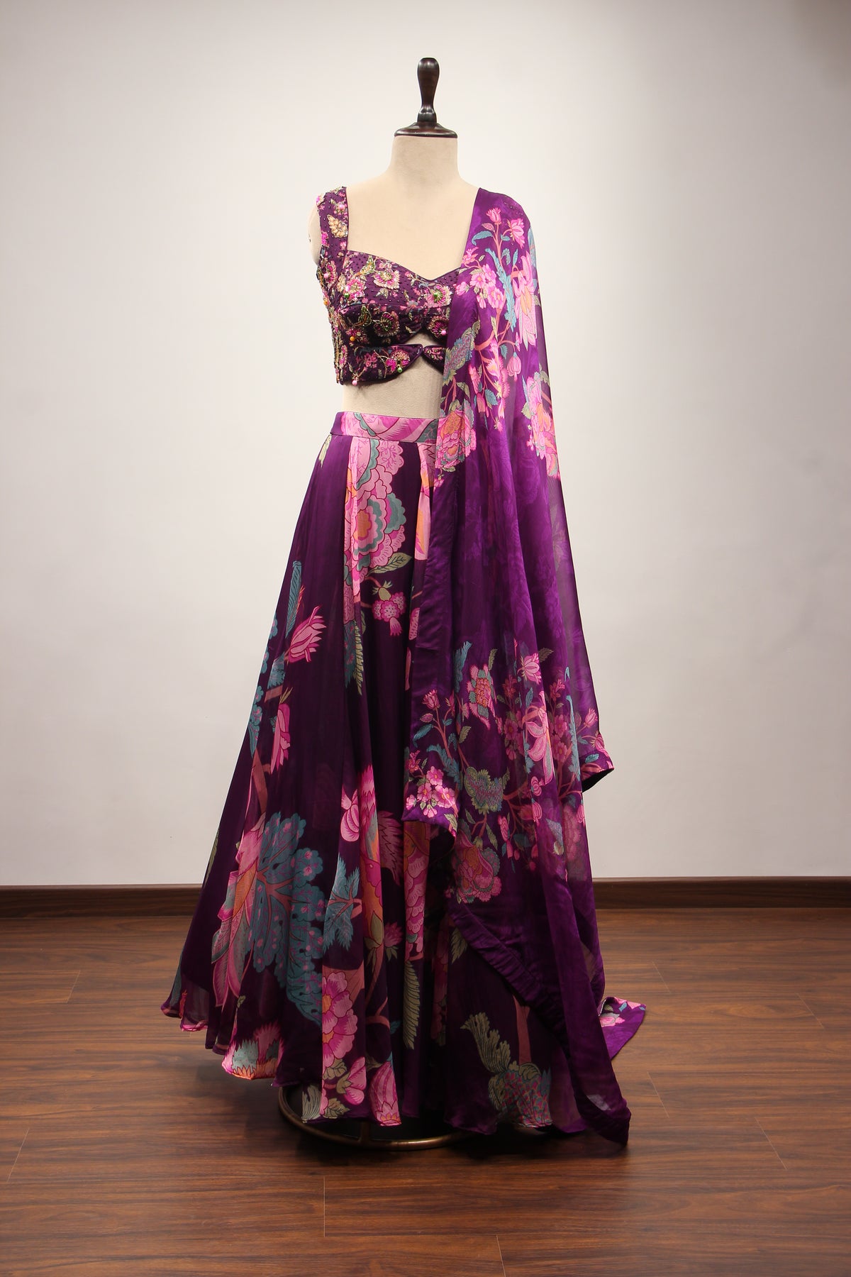 Purple Orgenza Lehenga with Printed & Cut Dana Handwork Crop Top