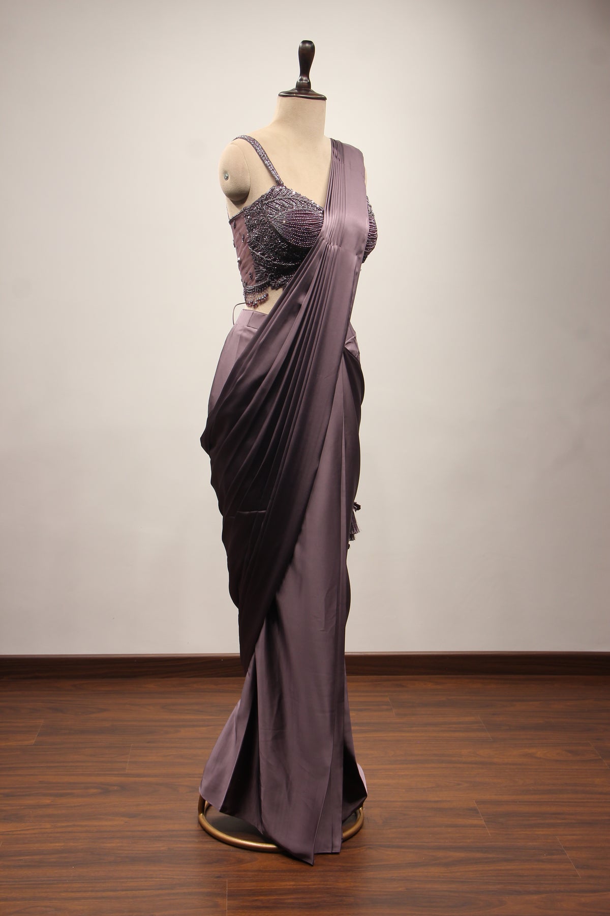 Purple Satin Drape Saree with Bead & Cut Dana Handwork