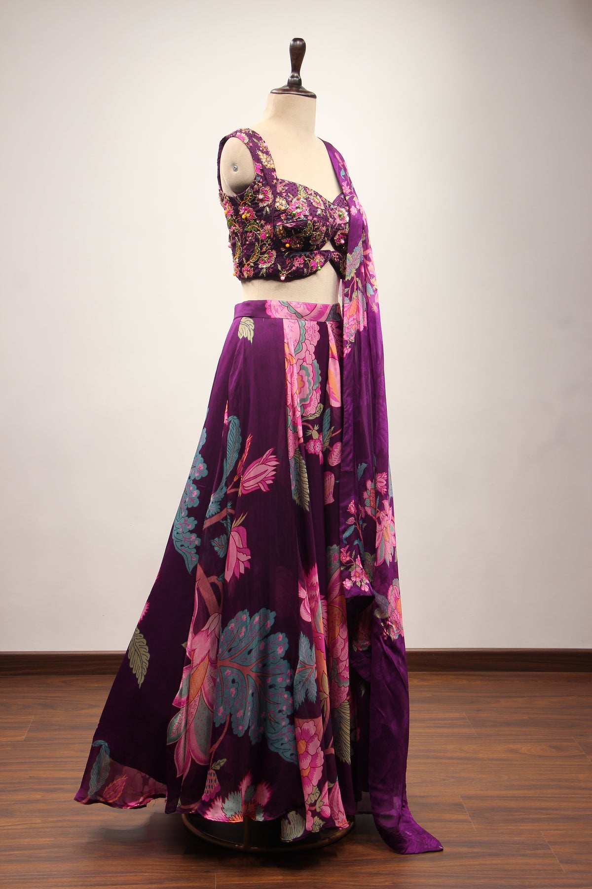 Purple Orgenza Lehenga with Printed & Cut Dana Handwork Crop Top