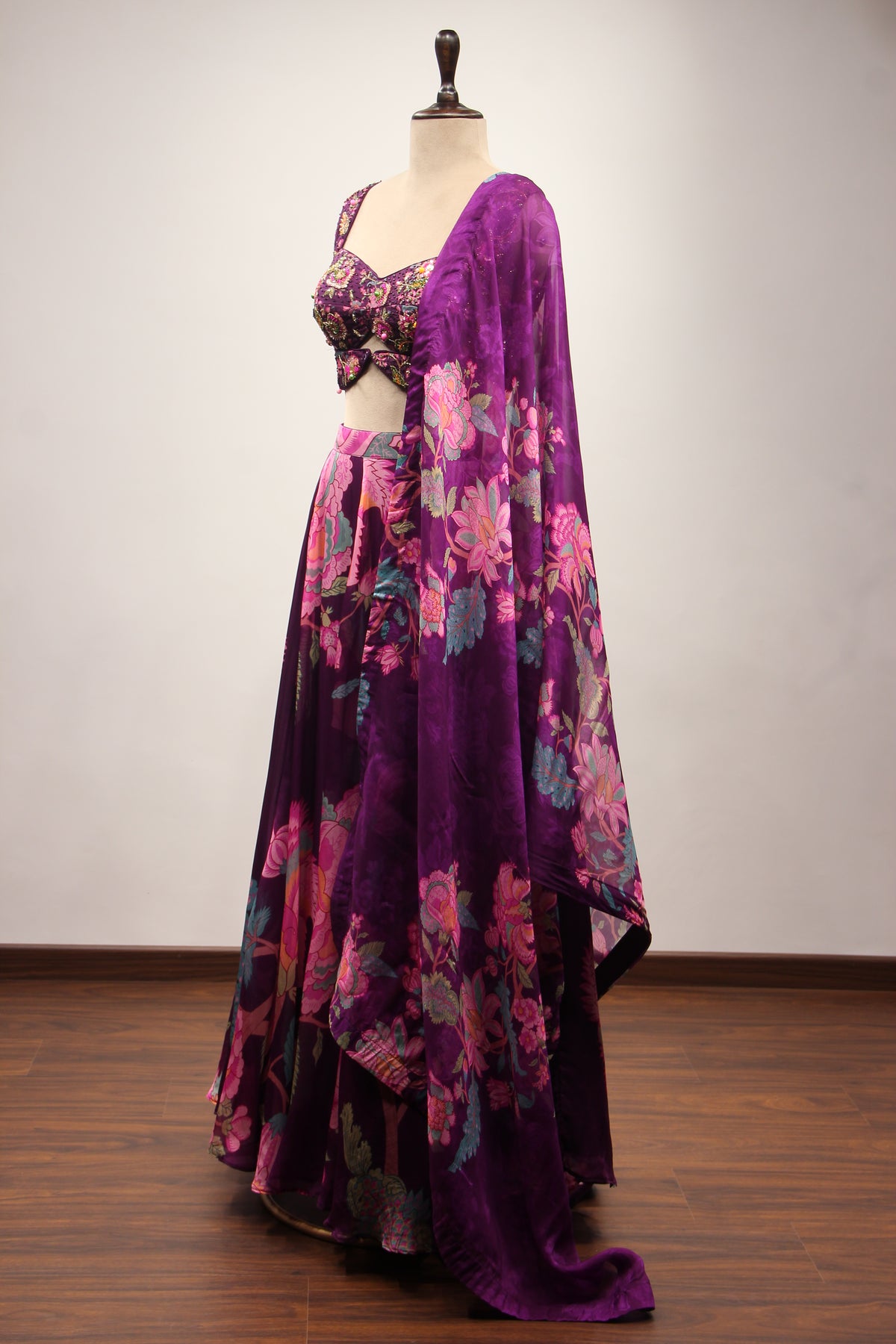 Purple Orgenza Lehenga with Printed & Cut Dana Handwork Crop Top