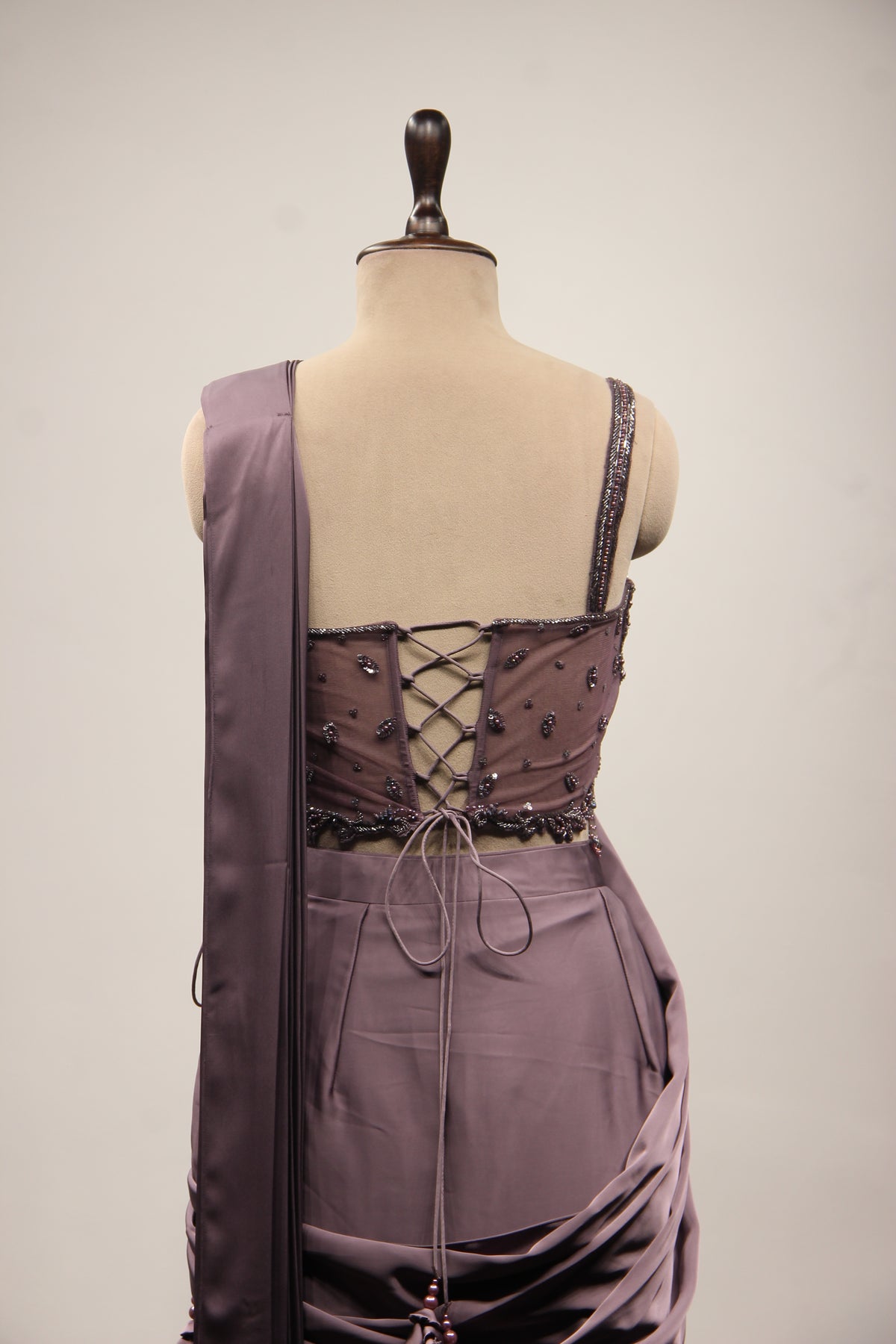Purple Satin Drape Saree with Bead & Cut Dana Handwork