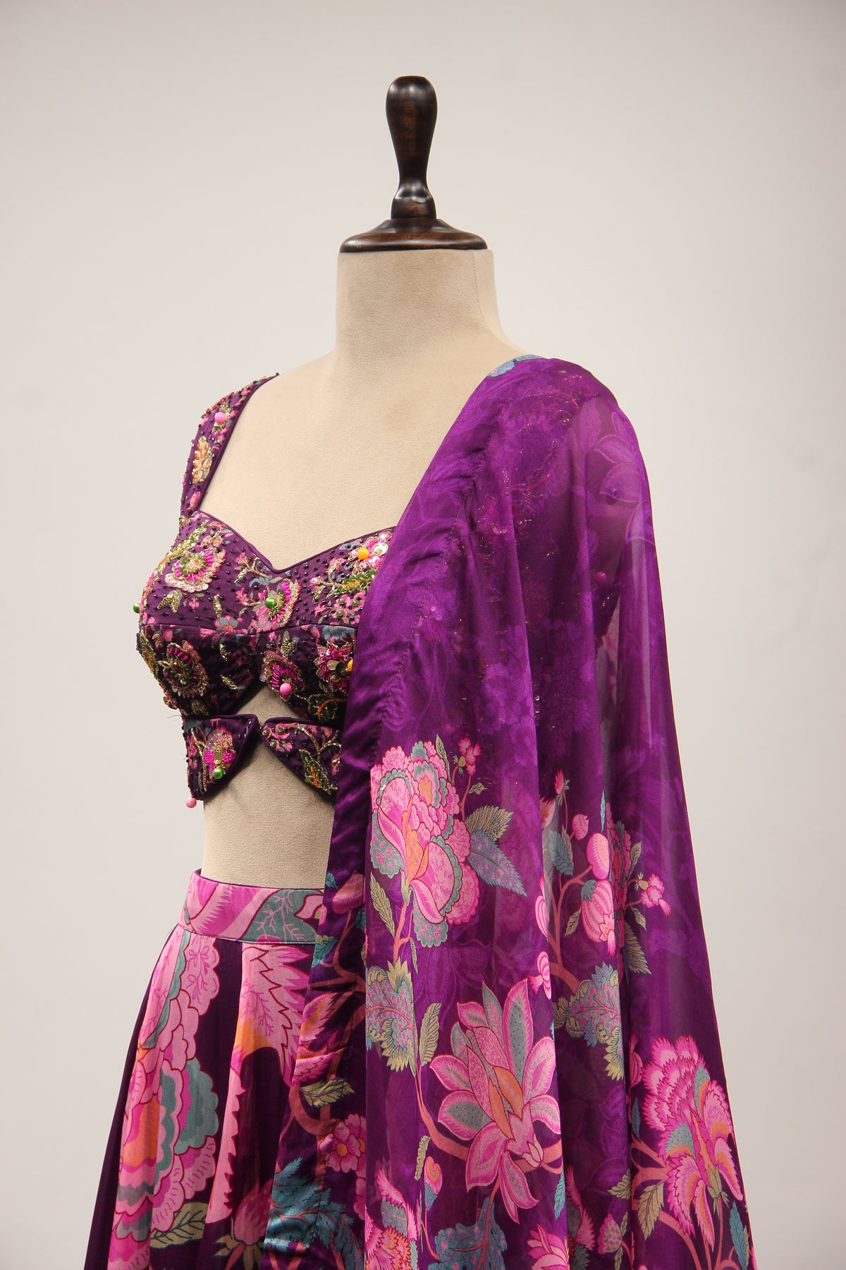 Purple Orgenza Lehenga with Printed & Cut Dana Handwork Crop Top