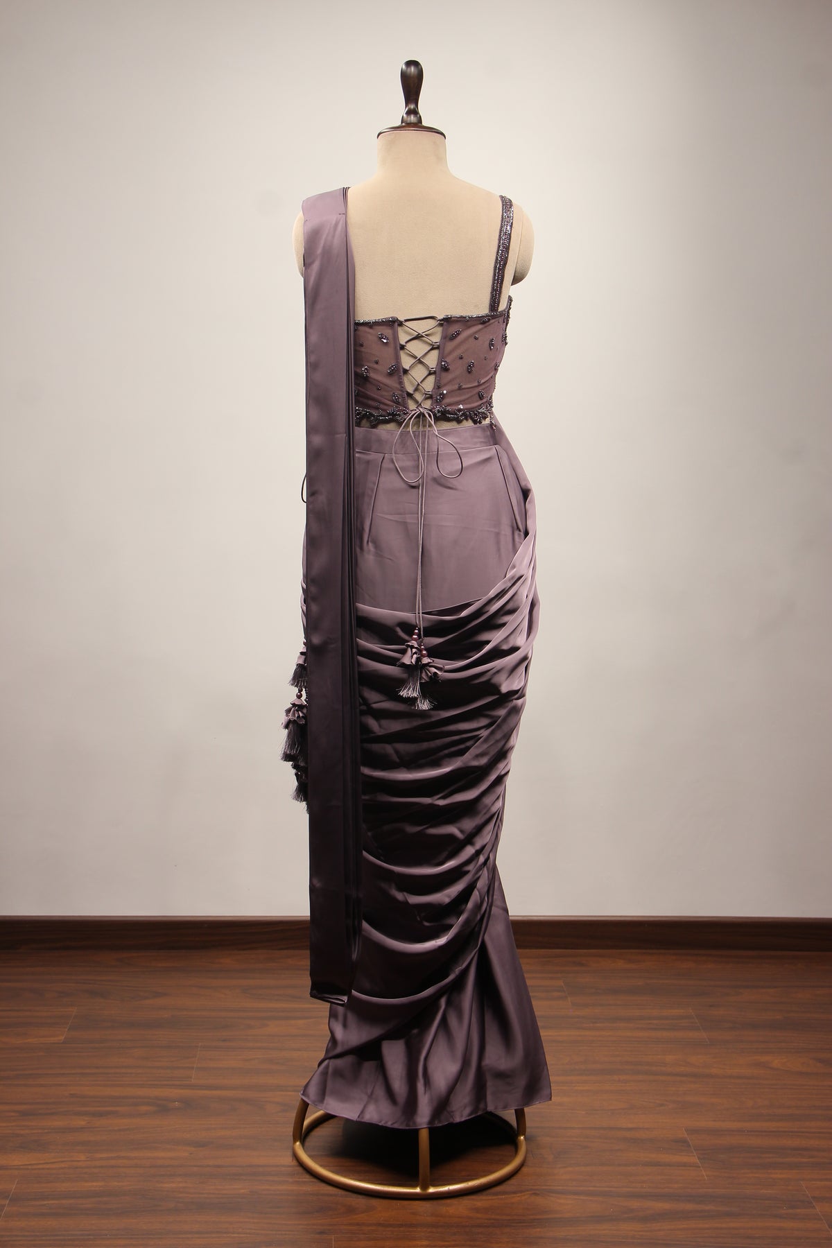 Purple Satin Drape Saree with Bead & Cut Dana Handwork
