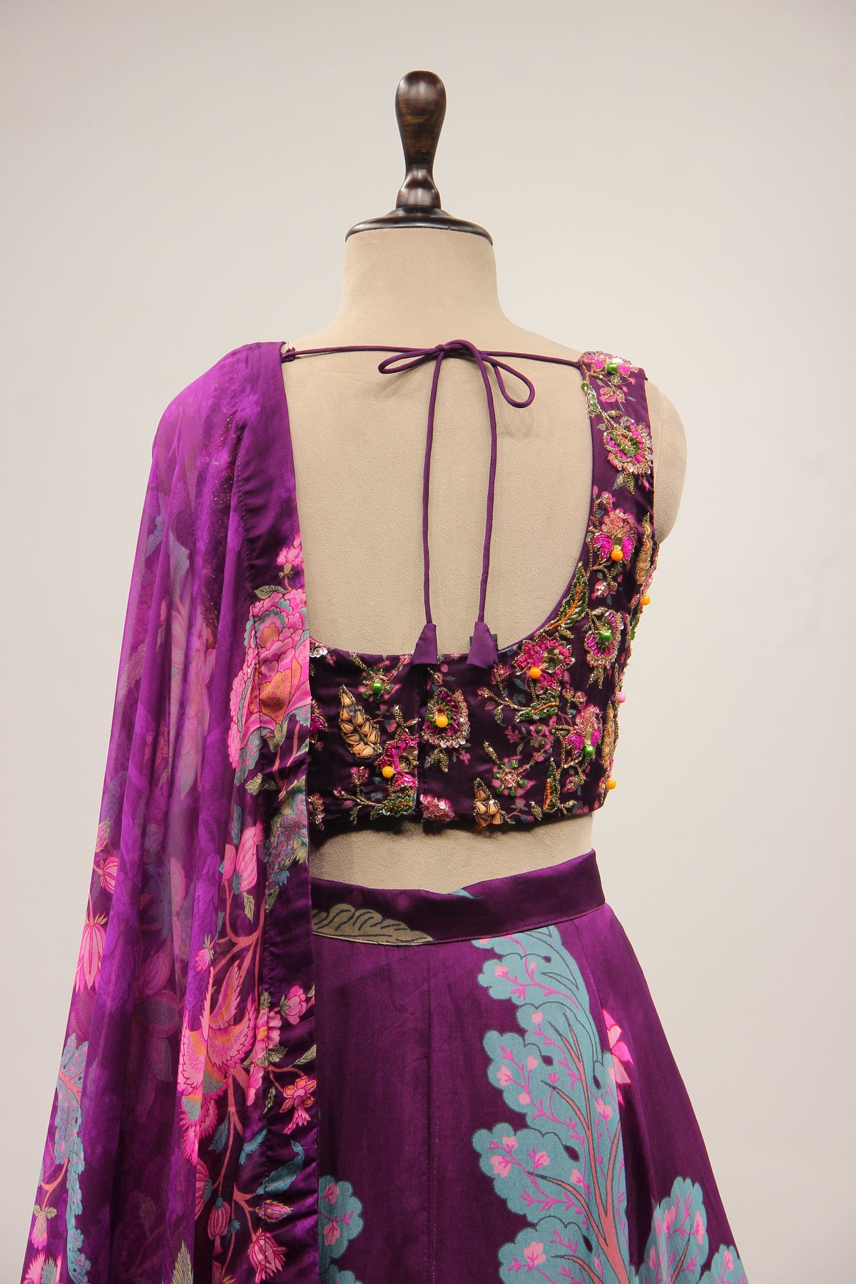 Purple Orgenza Lehenga with Printed & Cut Dana Handwork Crop Top