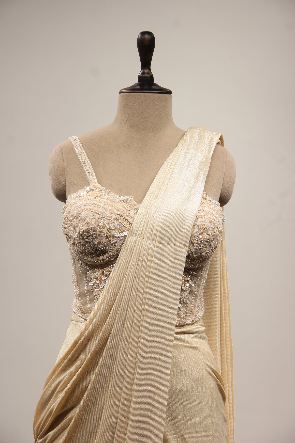 Ivory Imported Drape Saree with Hand Embroidery & Bead Handwork