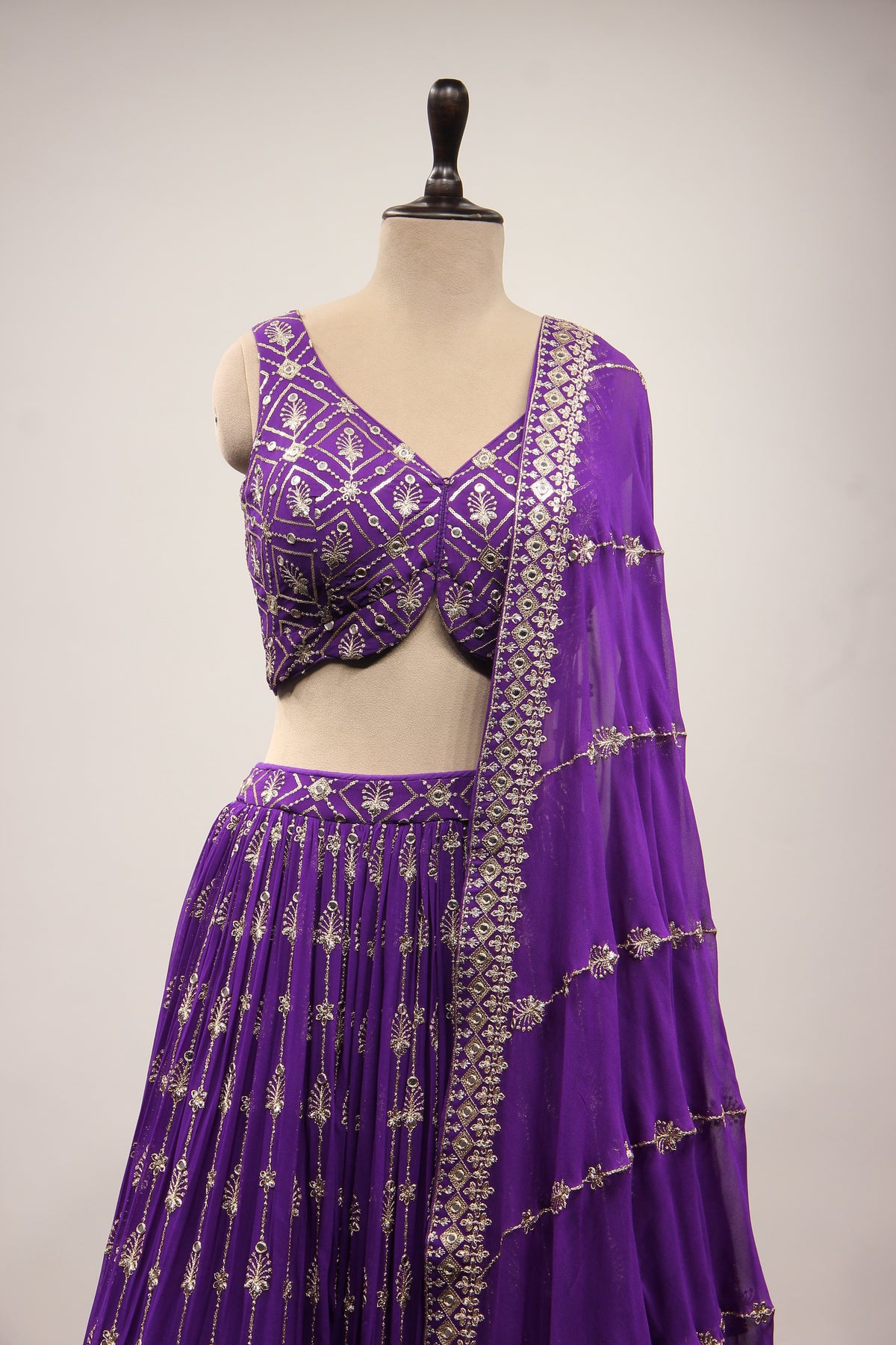 Purple Georgette Lehenga with Mirror & Sequin Handwork Crop Top