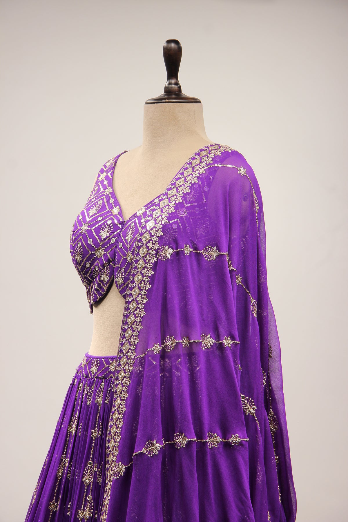 Purple Georgette Lehenga with Mirror & Sequin Handwork Crop Top