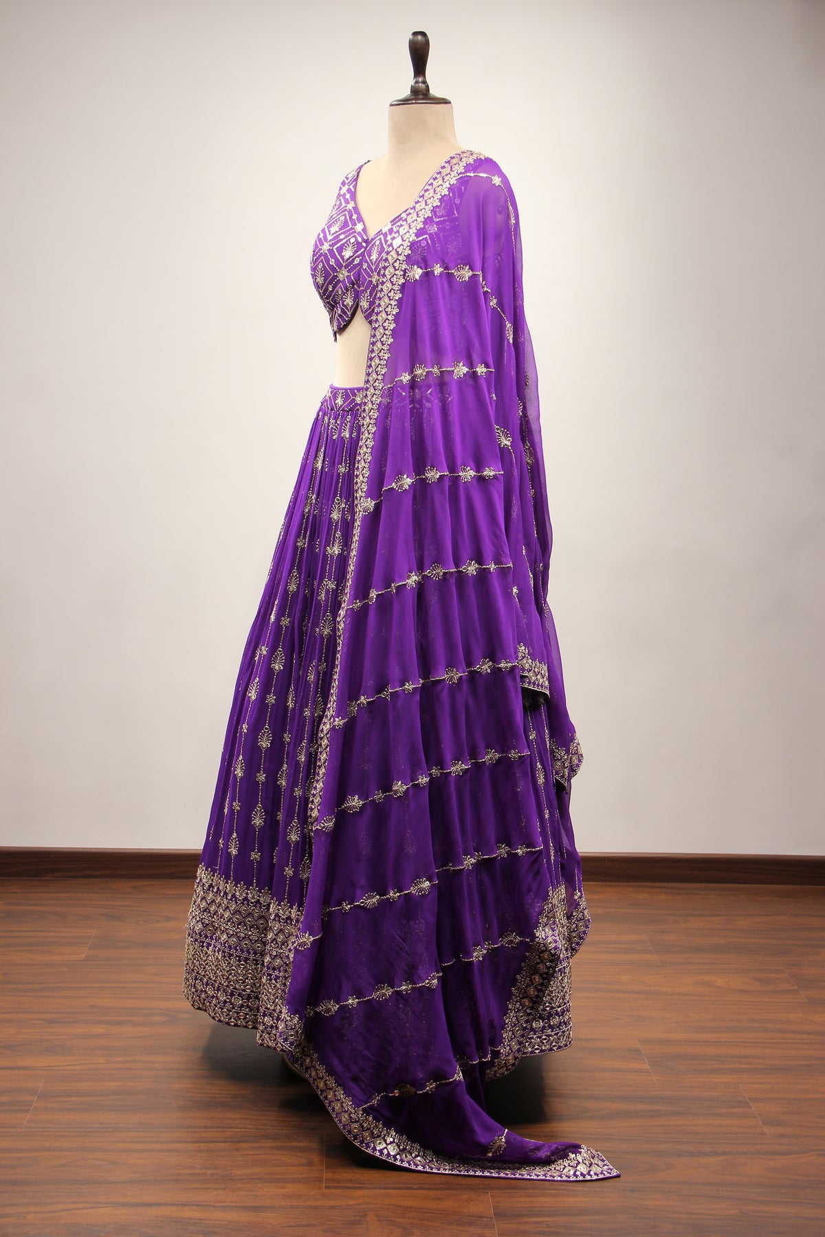 Purple Georgette Lehenga with Mirror & Sequin Handwork Crop Top