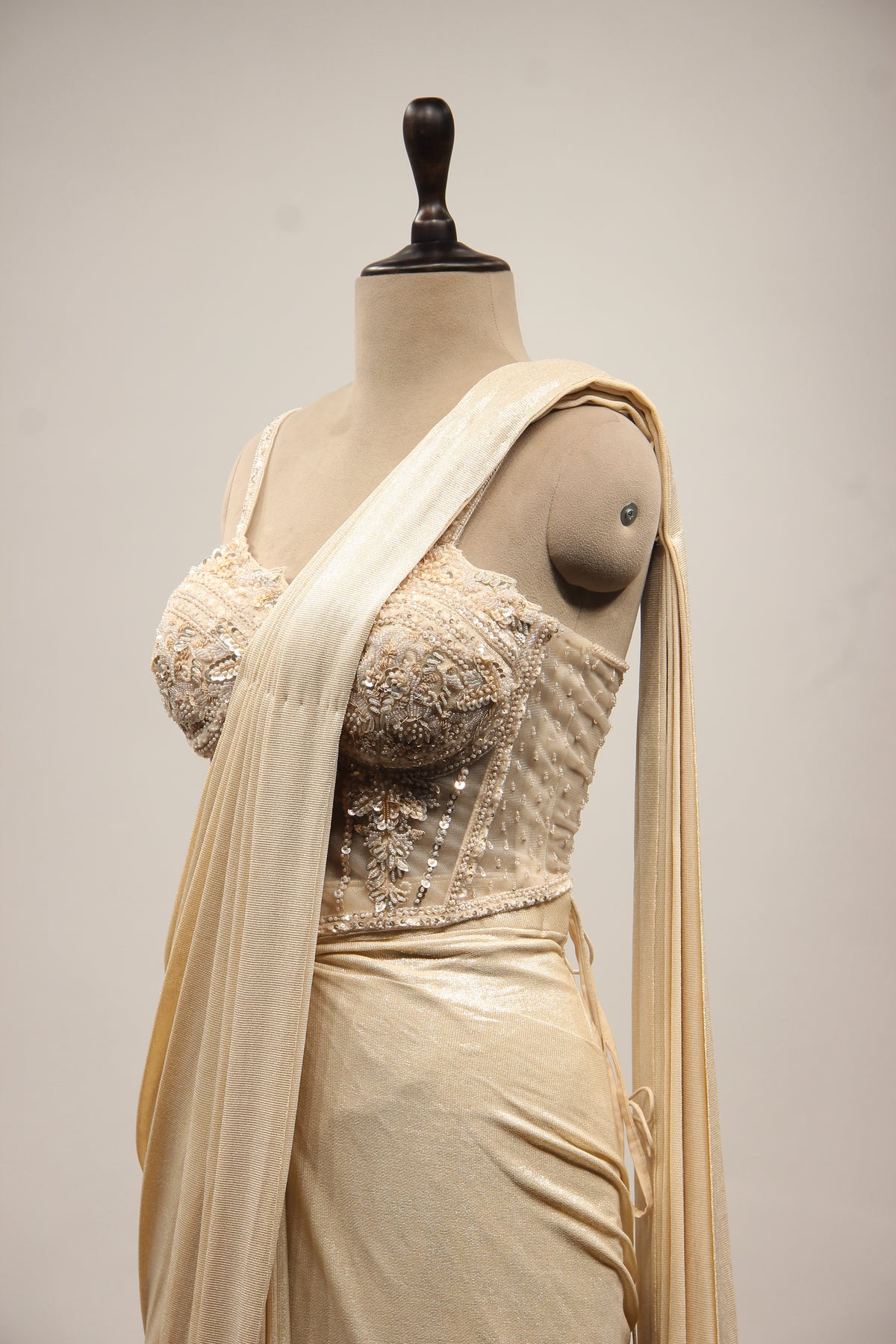 Ivory Imported Drape Saree with Hand Embroidery & Bead Handwork