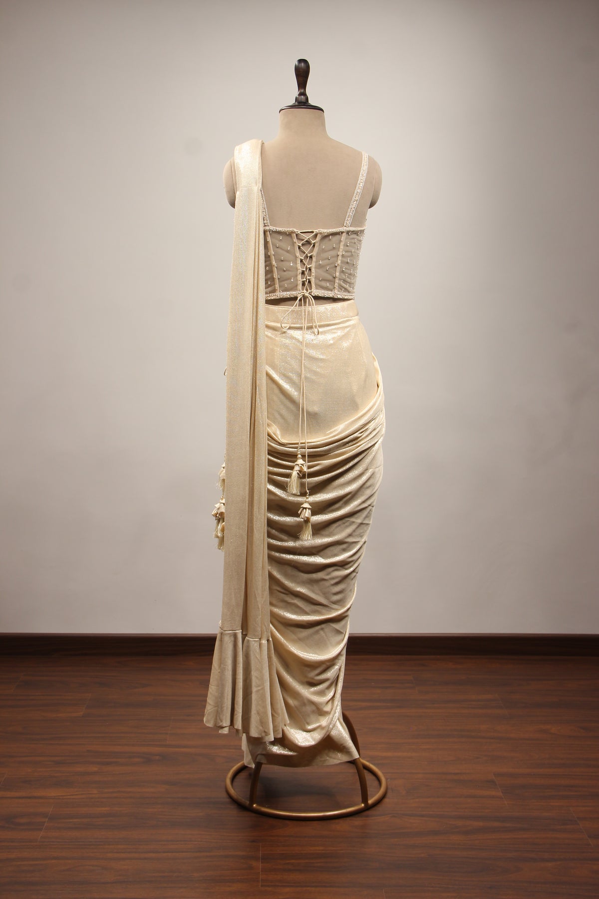 Ivory Imported Drape Saree with Hand Embroidery & Bead Handwork