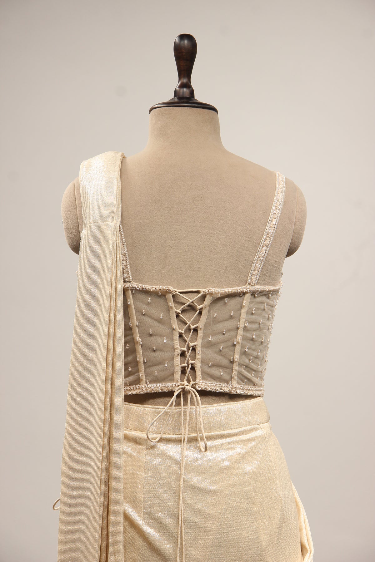 Ivory Imported Drape Saree with Hand Embroidery & Bead Handwork