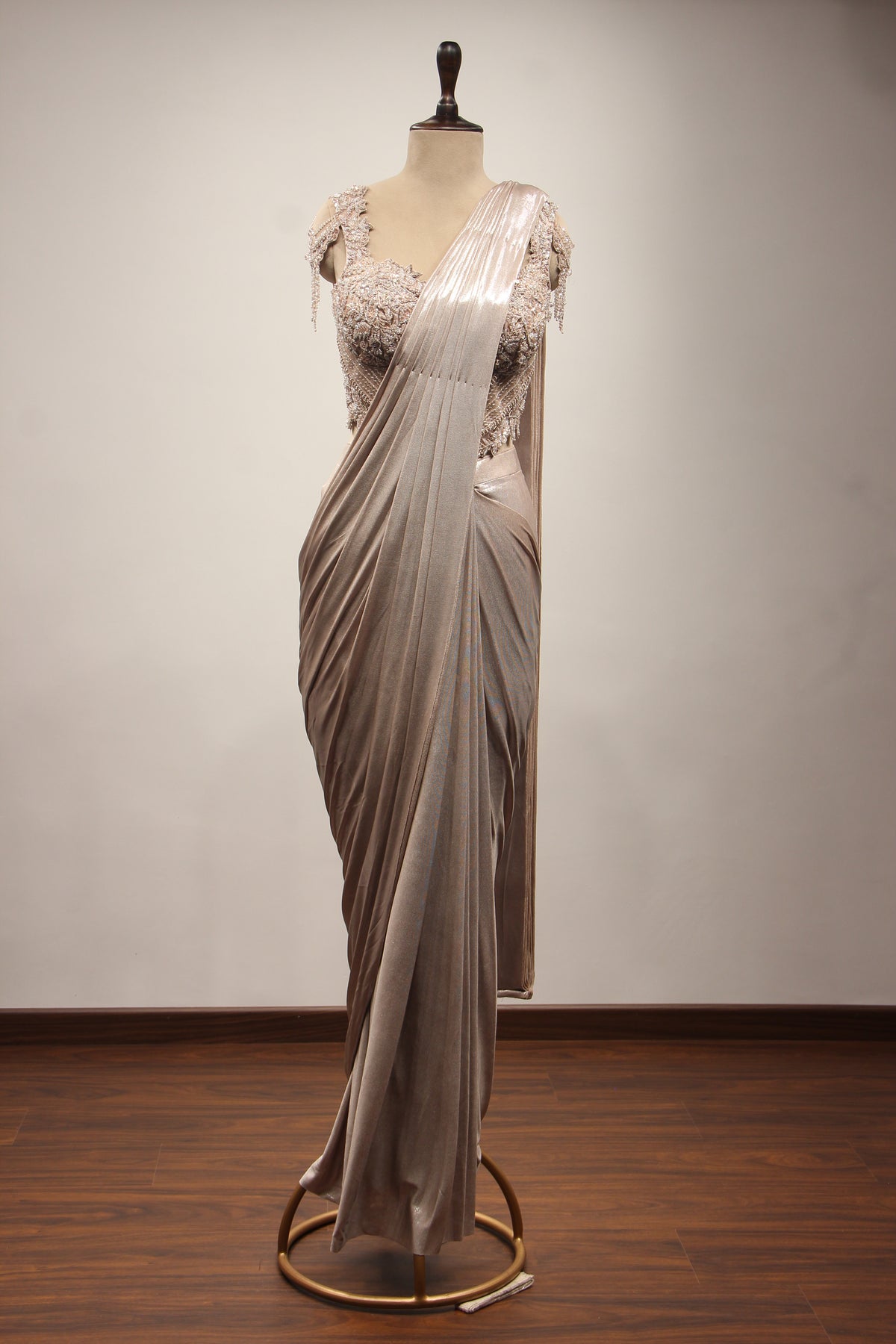 Imported Drape Saree with Sequin & Cut Dana Handwork, Corset Blouse in Brown – front view