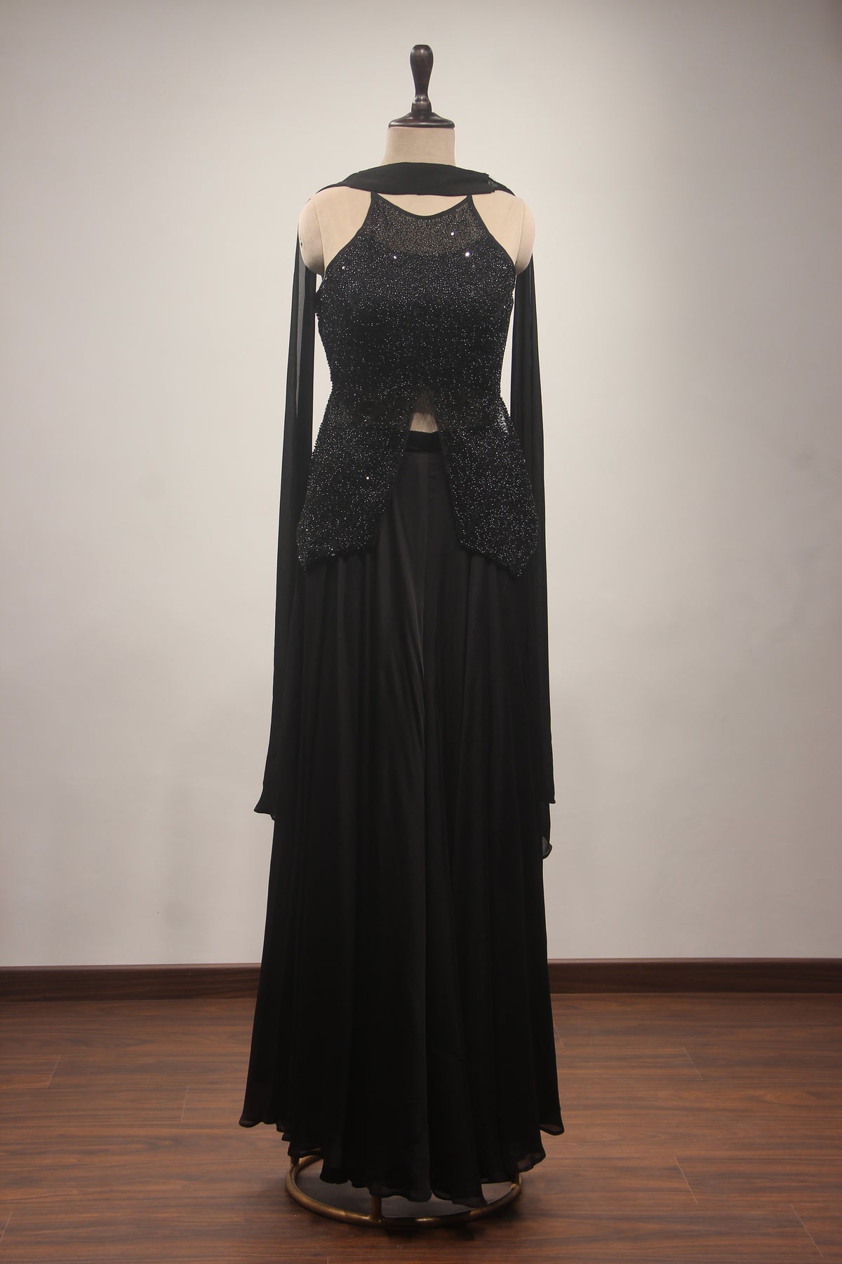 Midnight Noir Sequin Cut Dana Halter Neck Long Top with Crepe Palazzo & Choker Dupatta