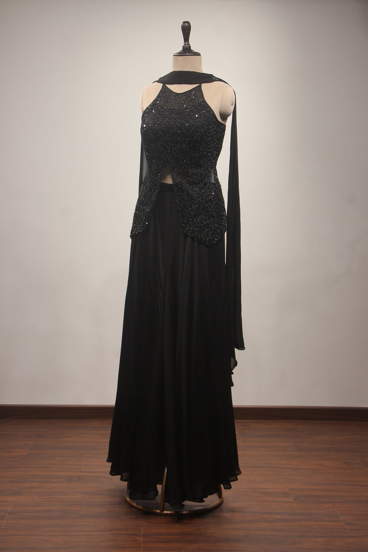 Midnight Noir Sequin Cut Dana Halter Neck Long Top with Crepe Palazzo & Choker Dupatta