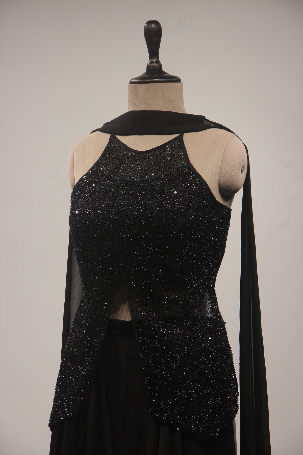 Midnight Noir Sequin Cut Dana Halter Neck Long Top with Crepe Palazzo & Choker Dupatta