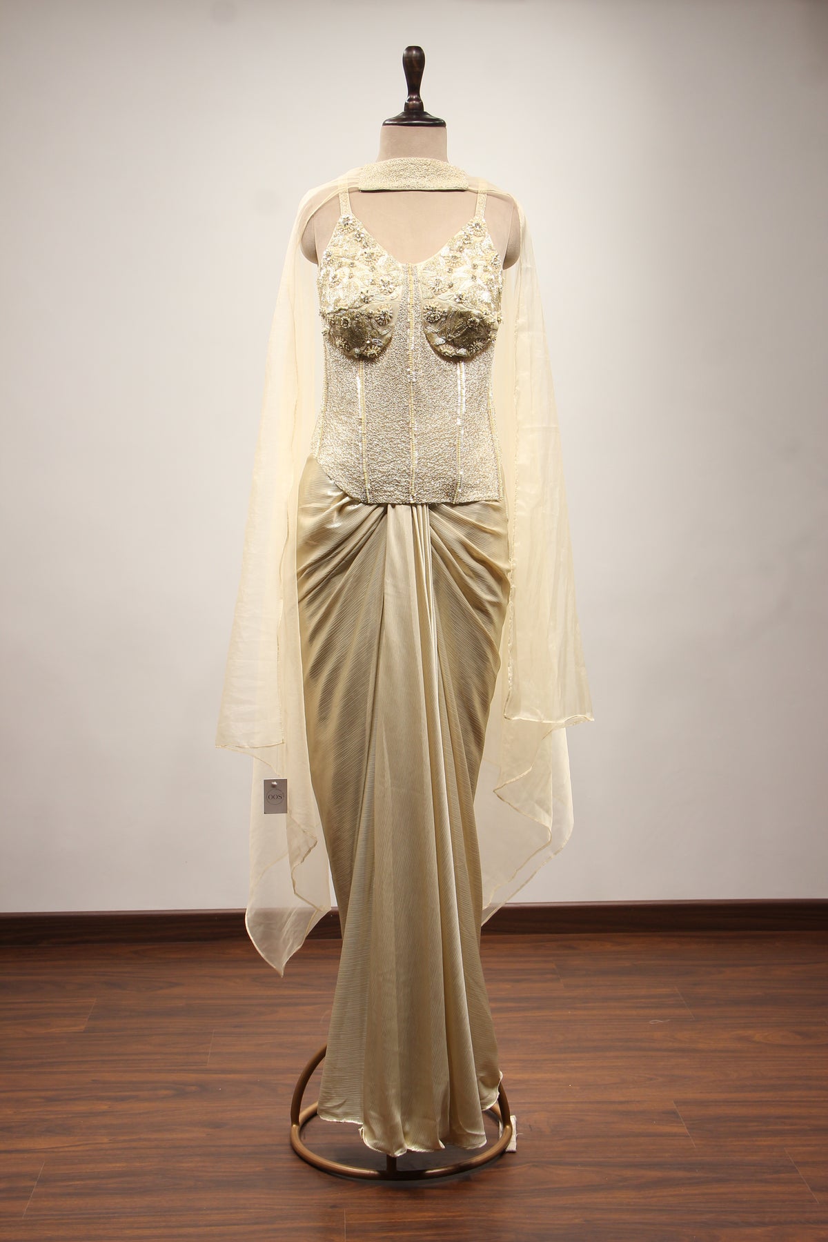 Gold Imported Net Corset Indo Western, Cut Dana & Gota Patti Handwork – front view