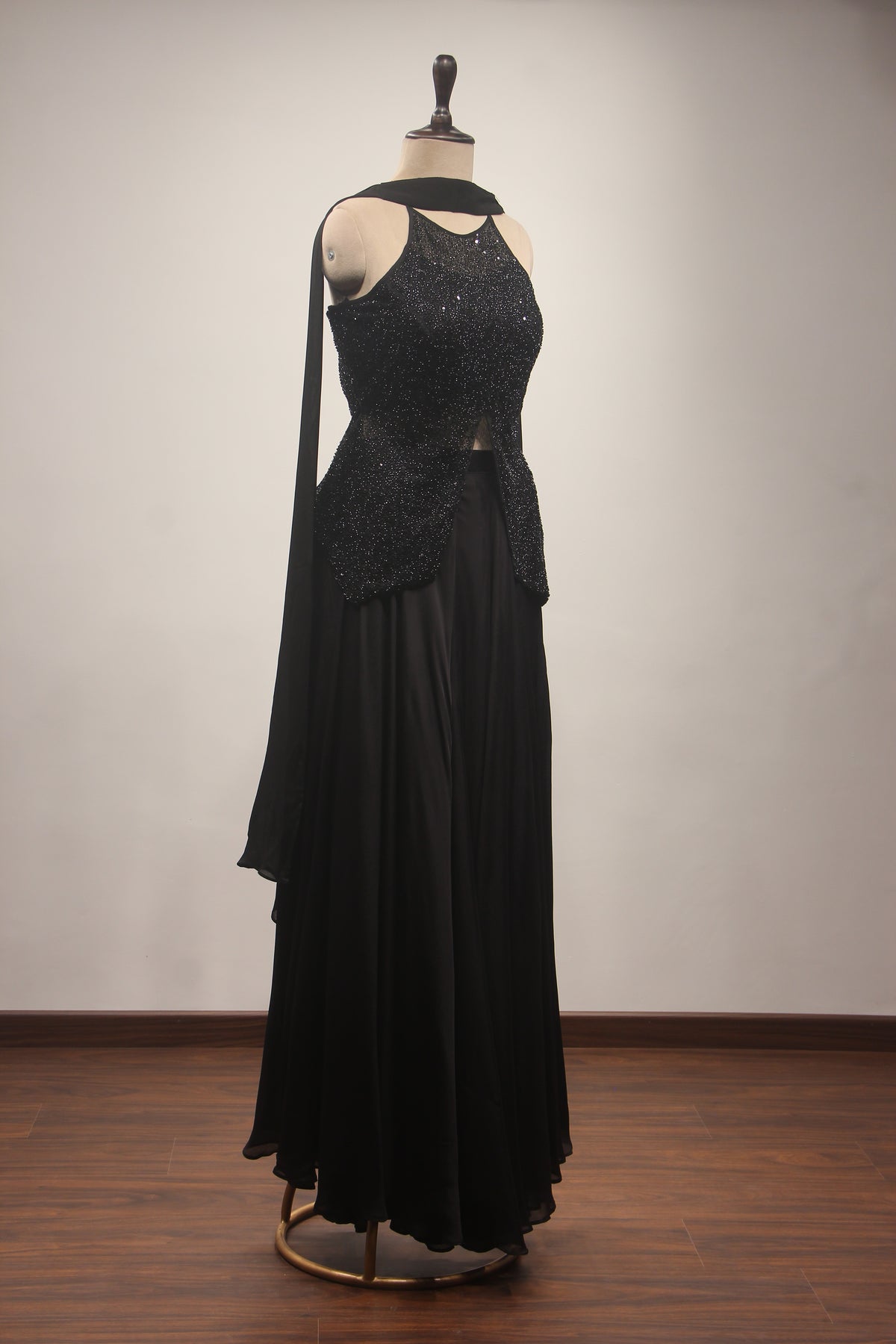 Midnight Noir Sequin Cut Dana Halter Neck Long Top with Crepe Palazzo & Choker Dupatta