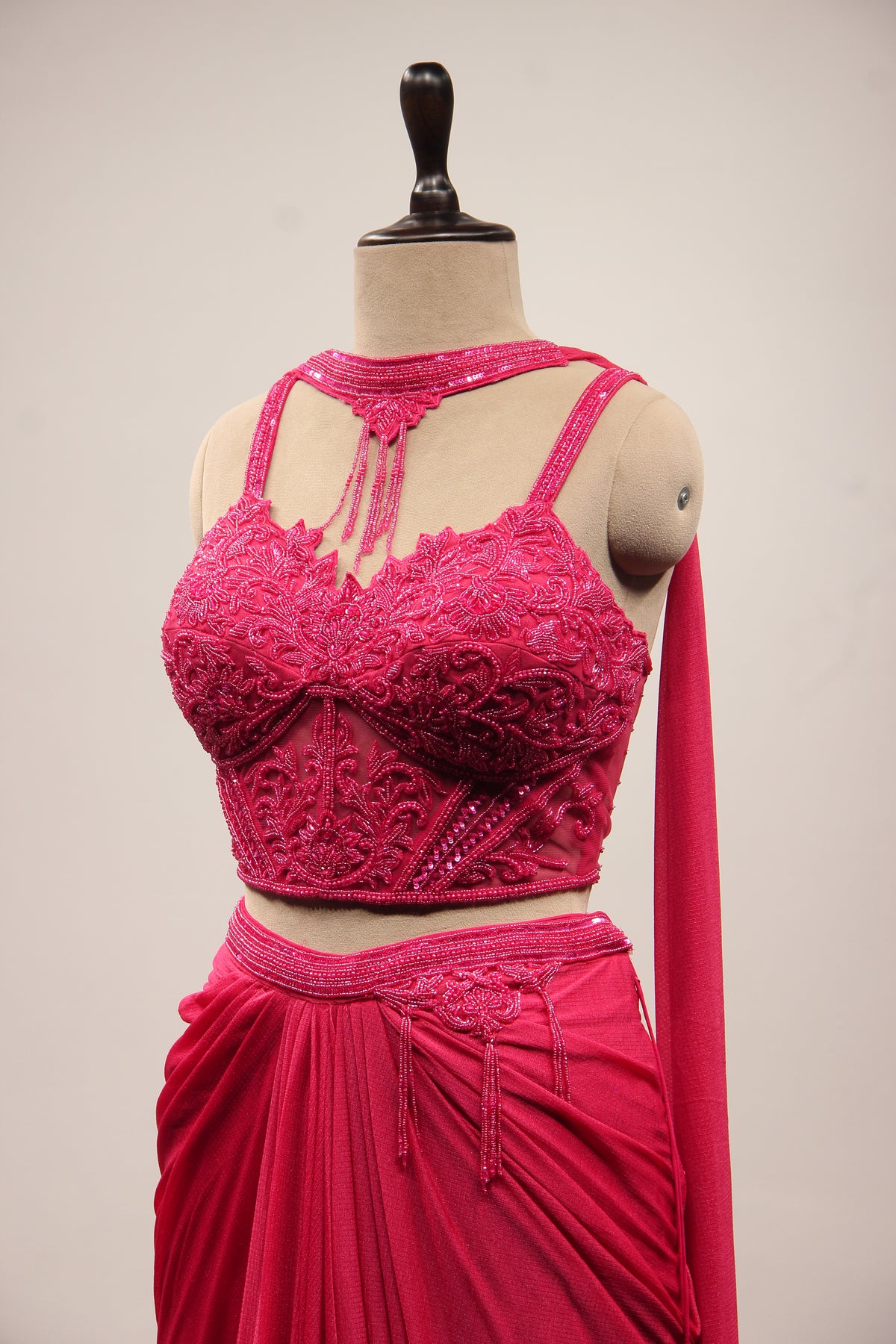 Imported Indo Western Choker Dupatta Set with Bead & Sequin Handwork in Pink – side close-up