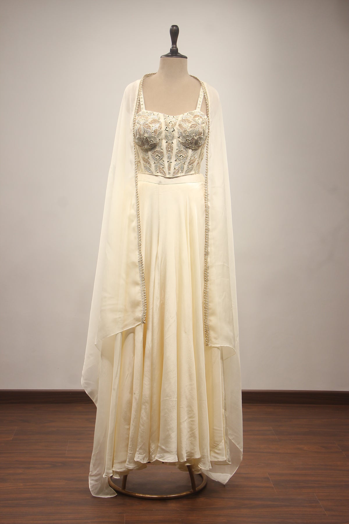 Mirror & Zardozi Embroidered Corset Blouse with Cowl Skirt and Sheer Shrug
