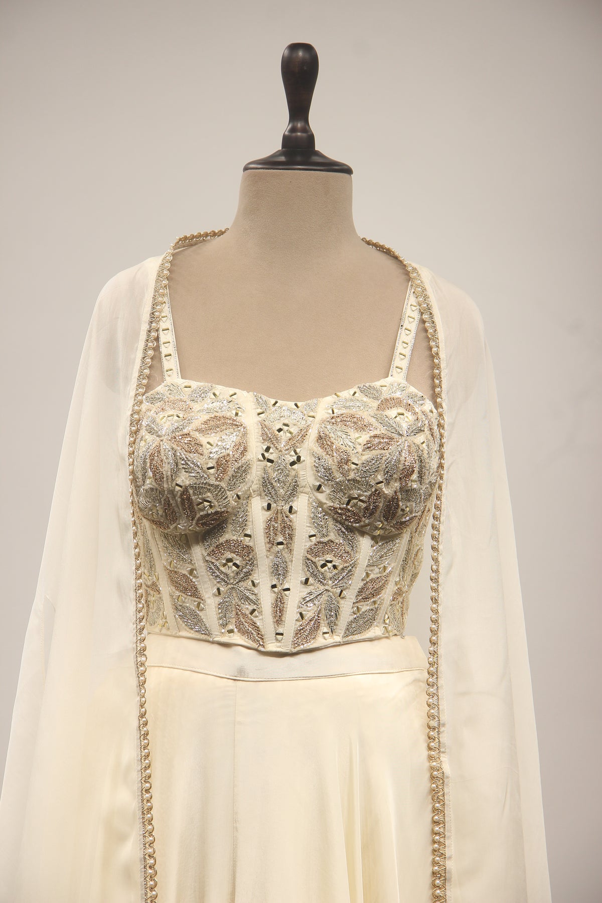 Mirror & Zardozi Embroidered Corset Blouse with Cowl Skirt and Sheer Shrug