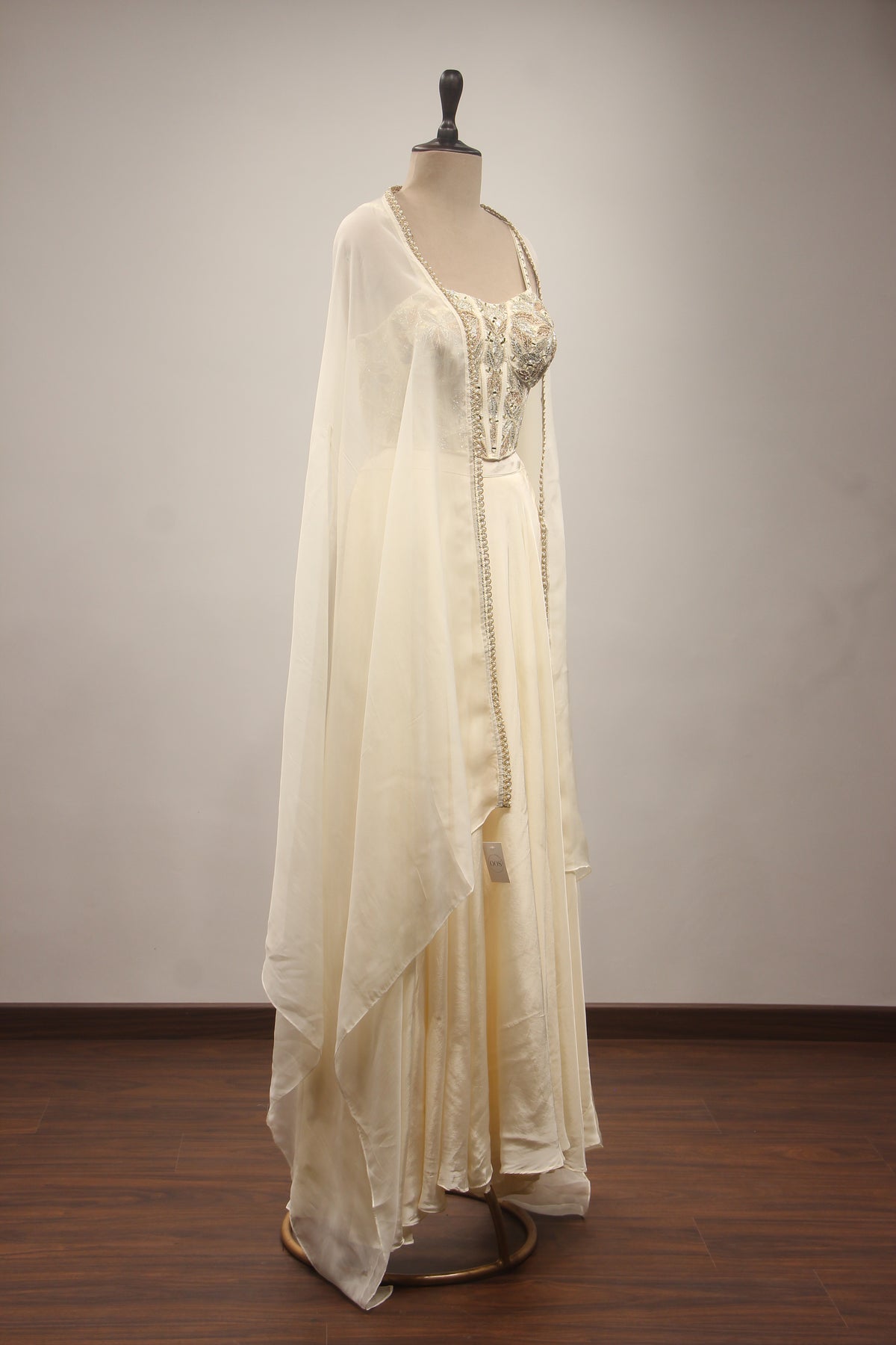 Mirror & Zardozi Embroidered Corset Blouse with Cowl Skirt and Sheer Shrug
