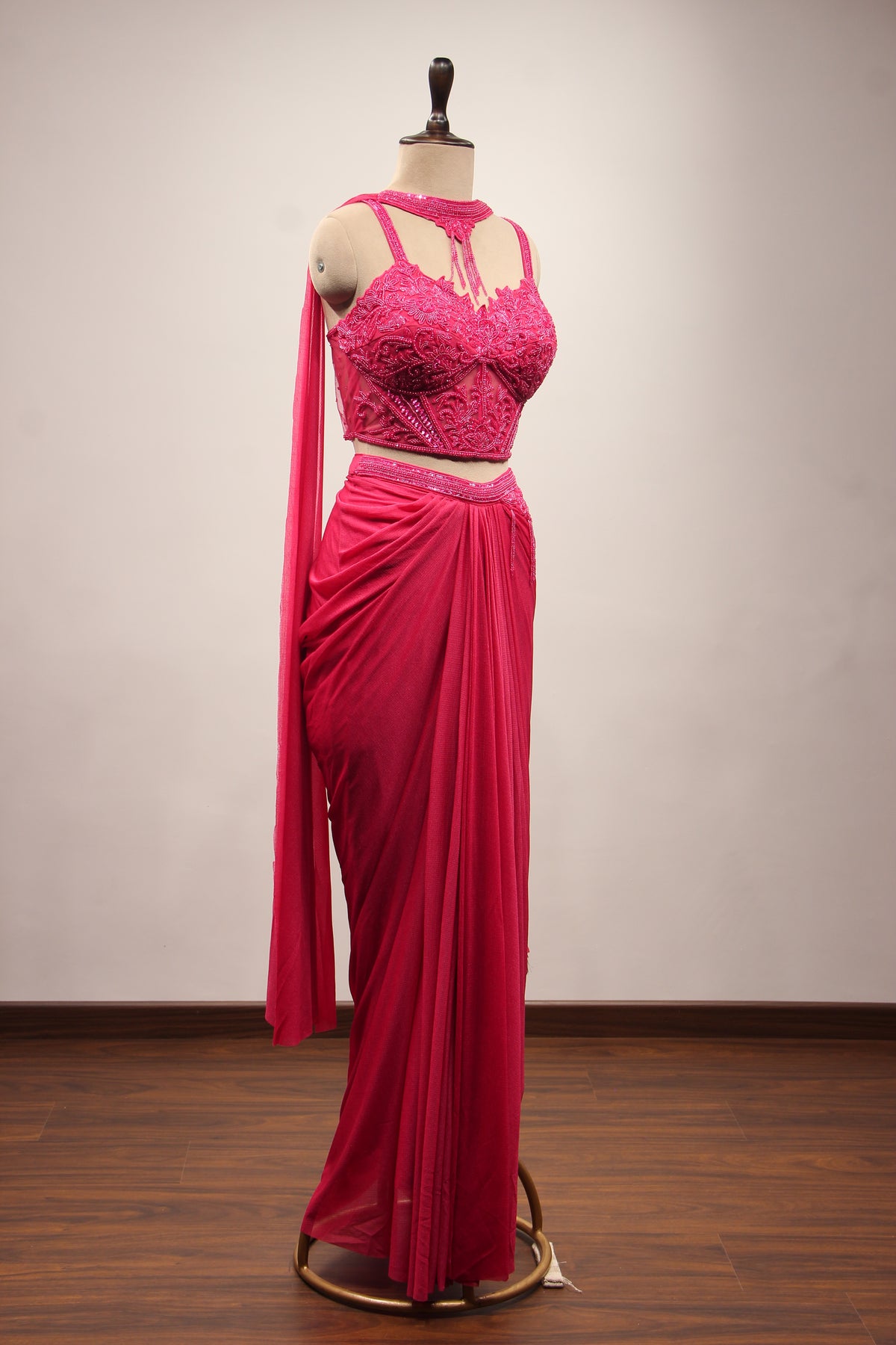 Imported Indo Western Choker Dupatta Set with Bead & Sequin Handwork in Pink – other side view