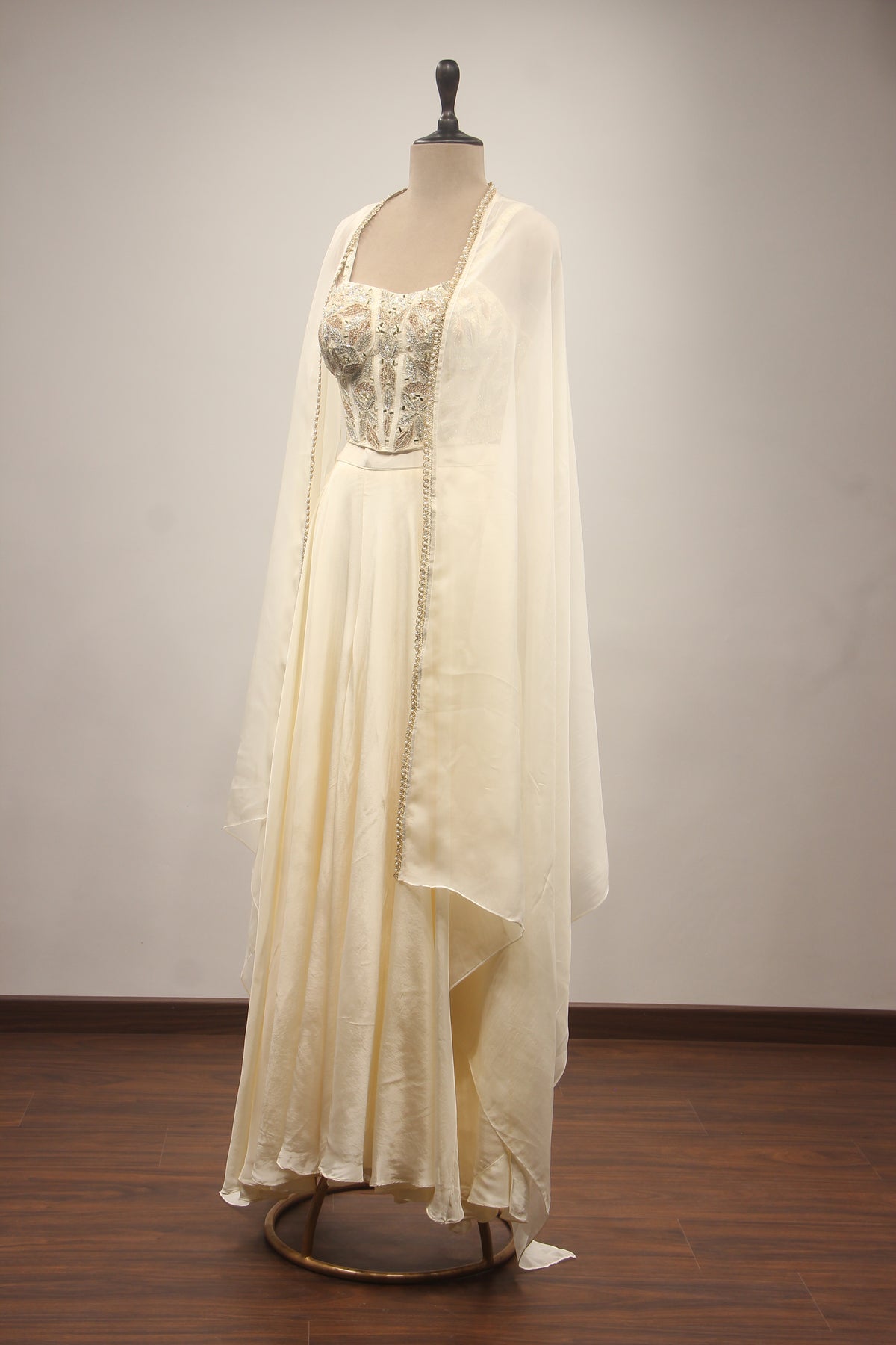 Mirror & Zardozi Embroidered Corset Blouse with Cowl Skirt and Sheer Shrug