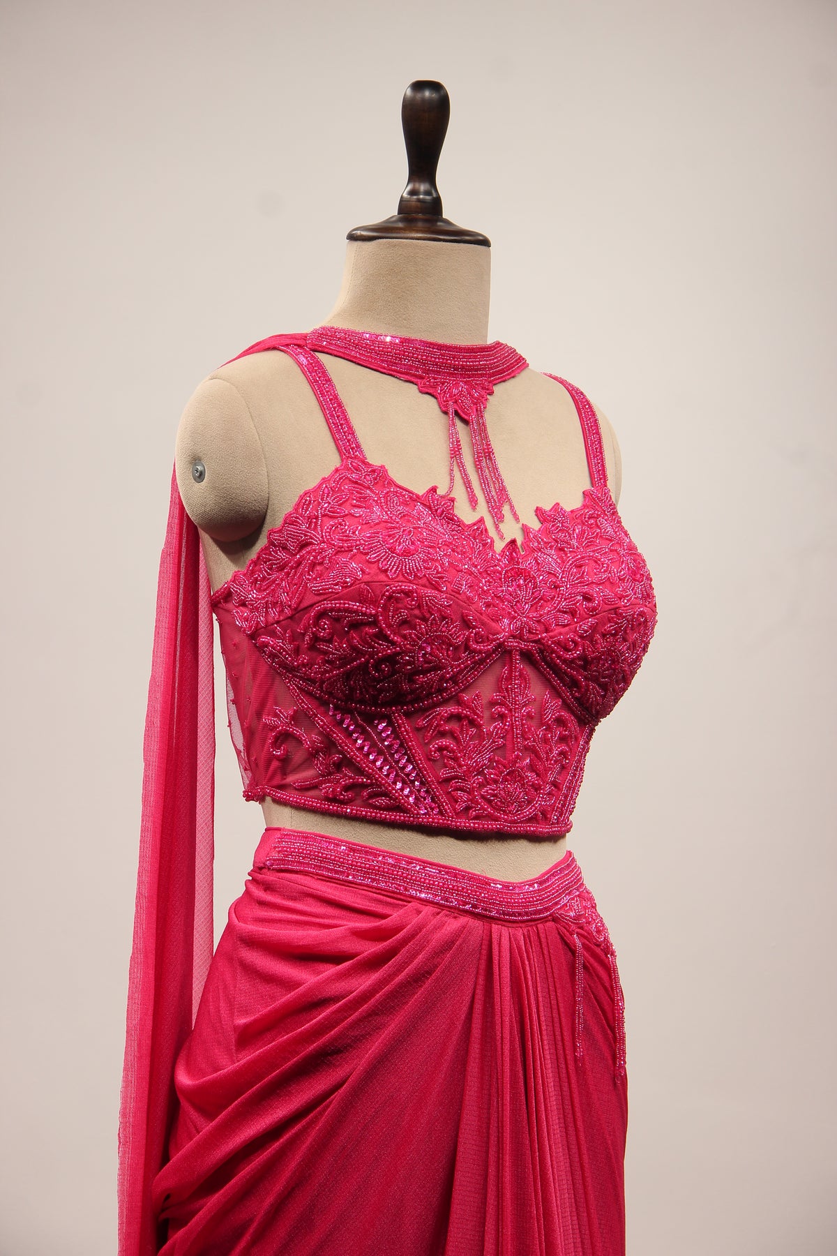Imported Indo Western Choker Dupatta Set with Bead & Sequin Handwork in Pink – other side close-up