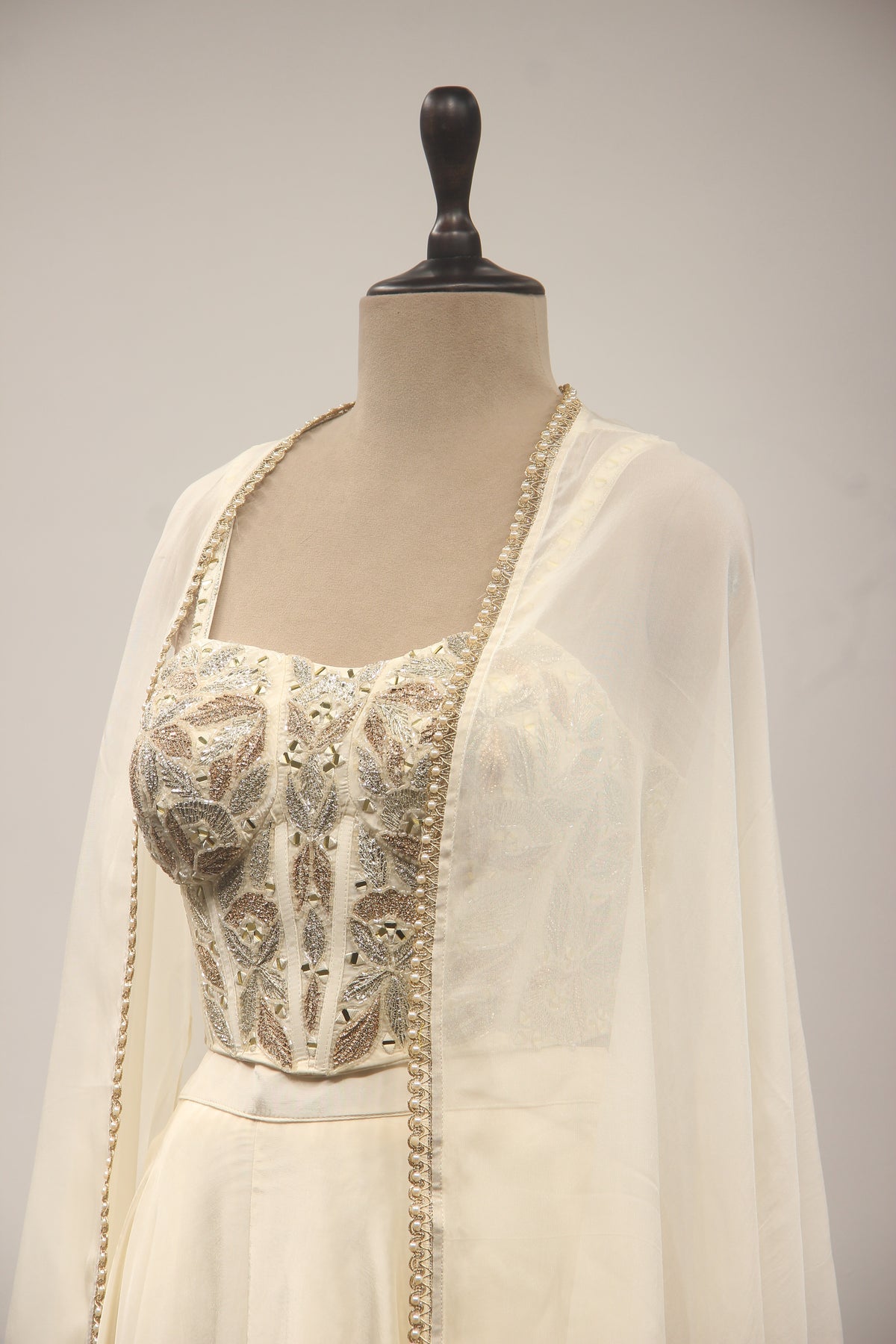 Mirror & Zardozi Embroidered Corset Blouse with Cowl Skirt and Sheer Shrug