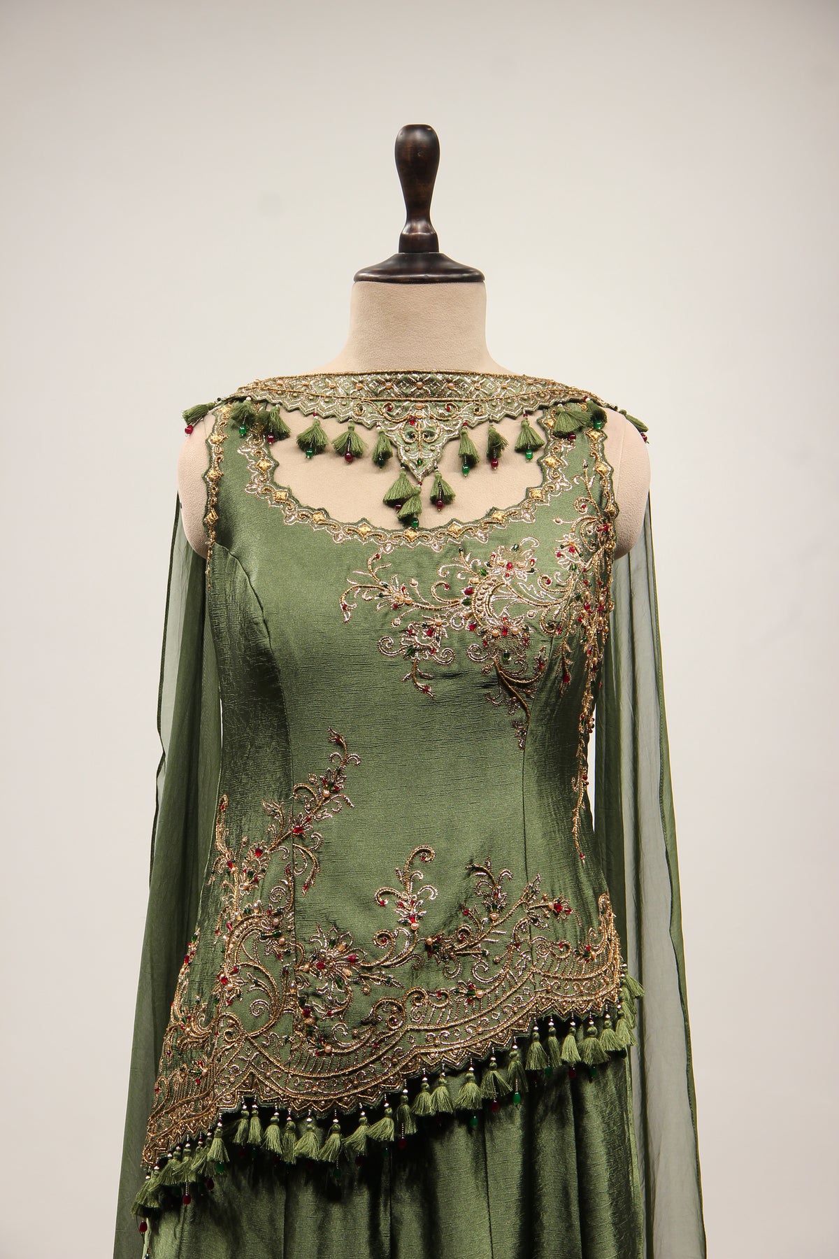 Green Satin Sharara Suit with Zari & Cut Dana Handwork Choker Dupatta – front close-up
