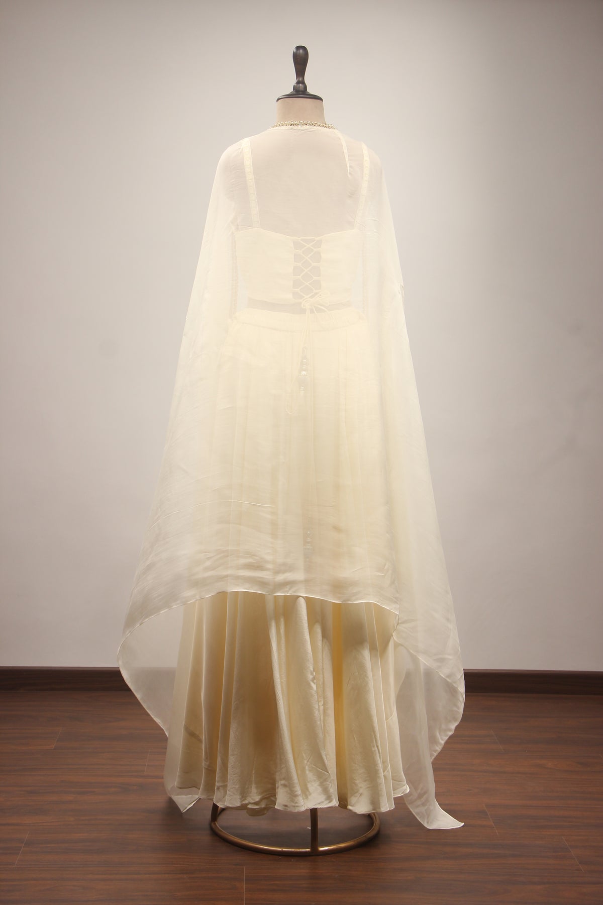 Mirror & Zardozi Embroidered Corset Blouse with Cowl Skirt and Sheer Shrug