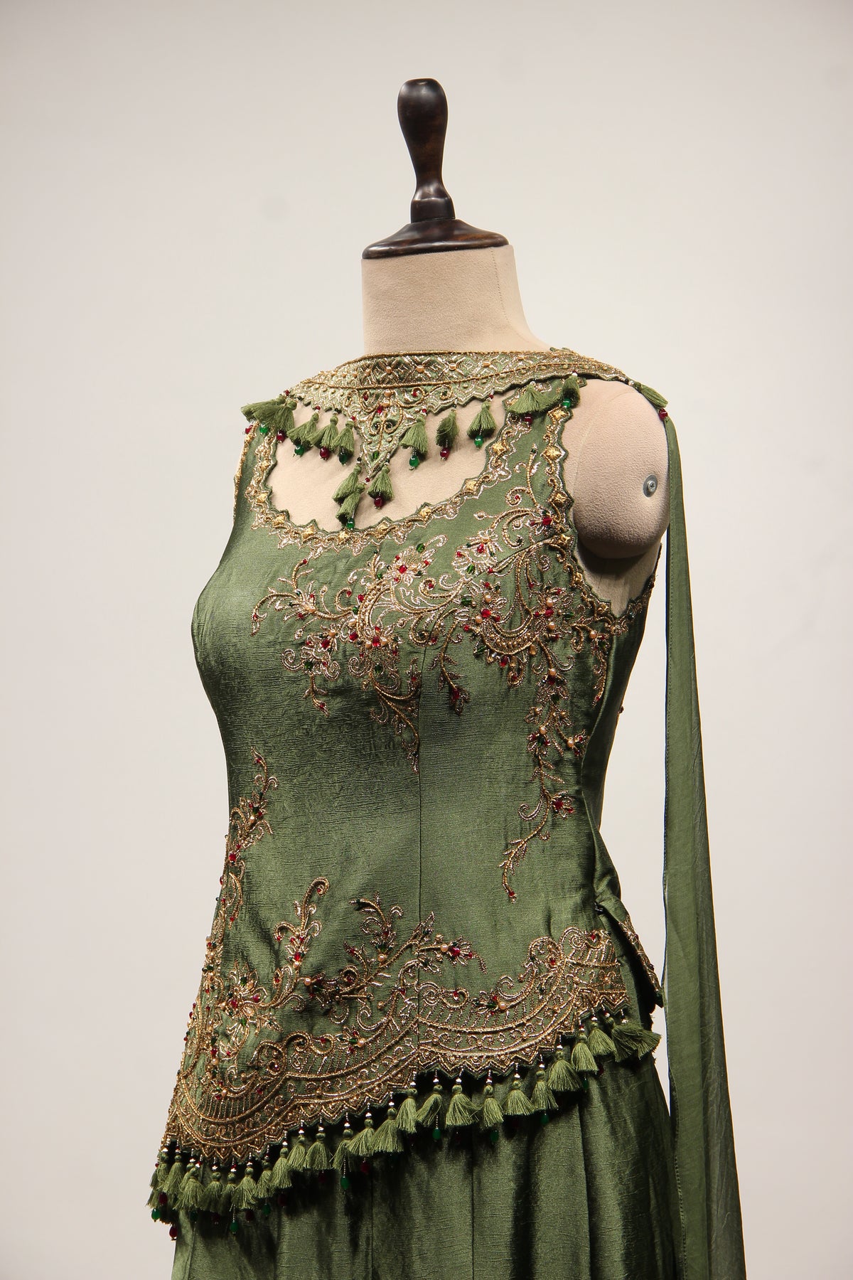 Green Satin Sharara Suit with Zari & Cut Dana Handwork Choker Dupatta – side close-up