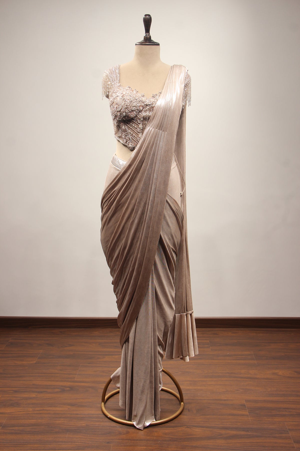Coffee Imported Drape Saree with Hand Embroidery & Cut Dana Handwork – front view