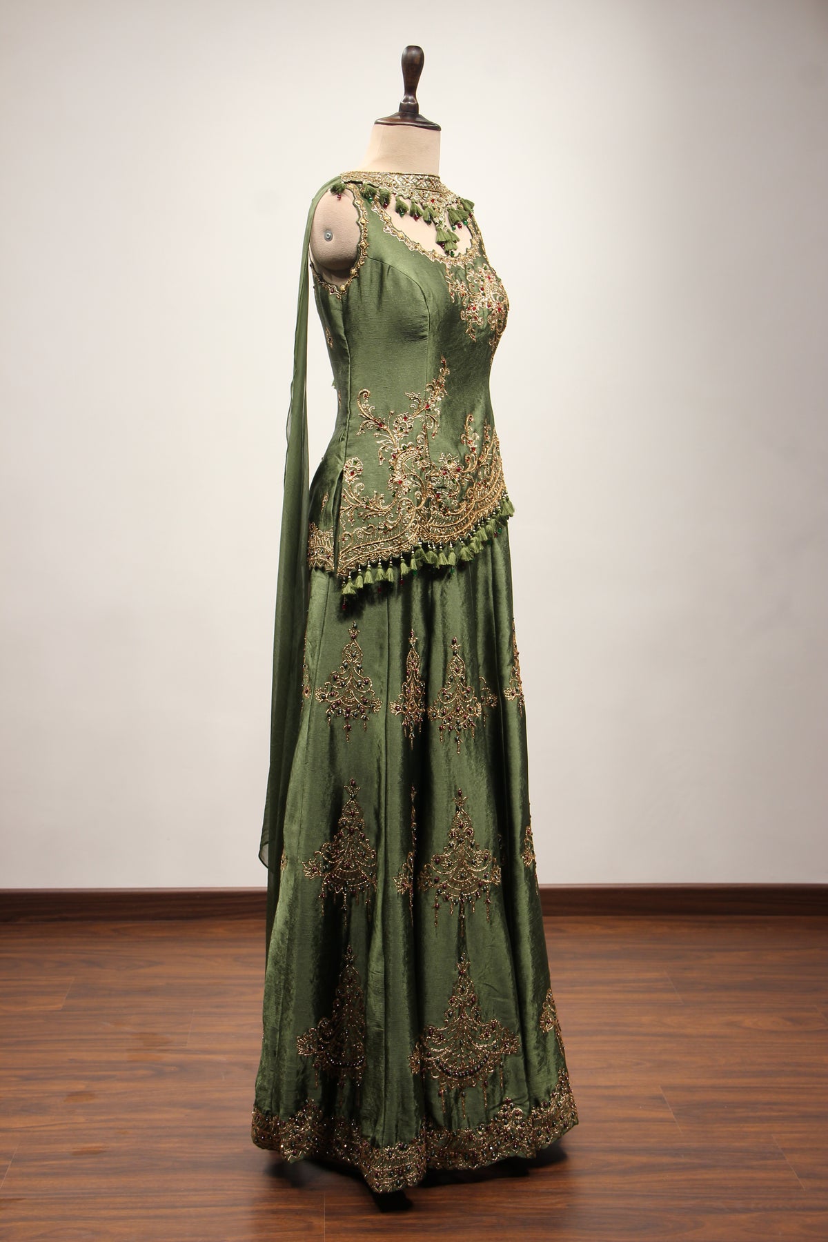 Green Satin Sharara Suit with Zari & Cut Dana Handwork Choker Dupatta – other side view