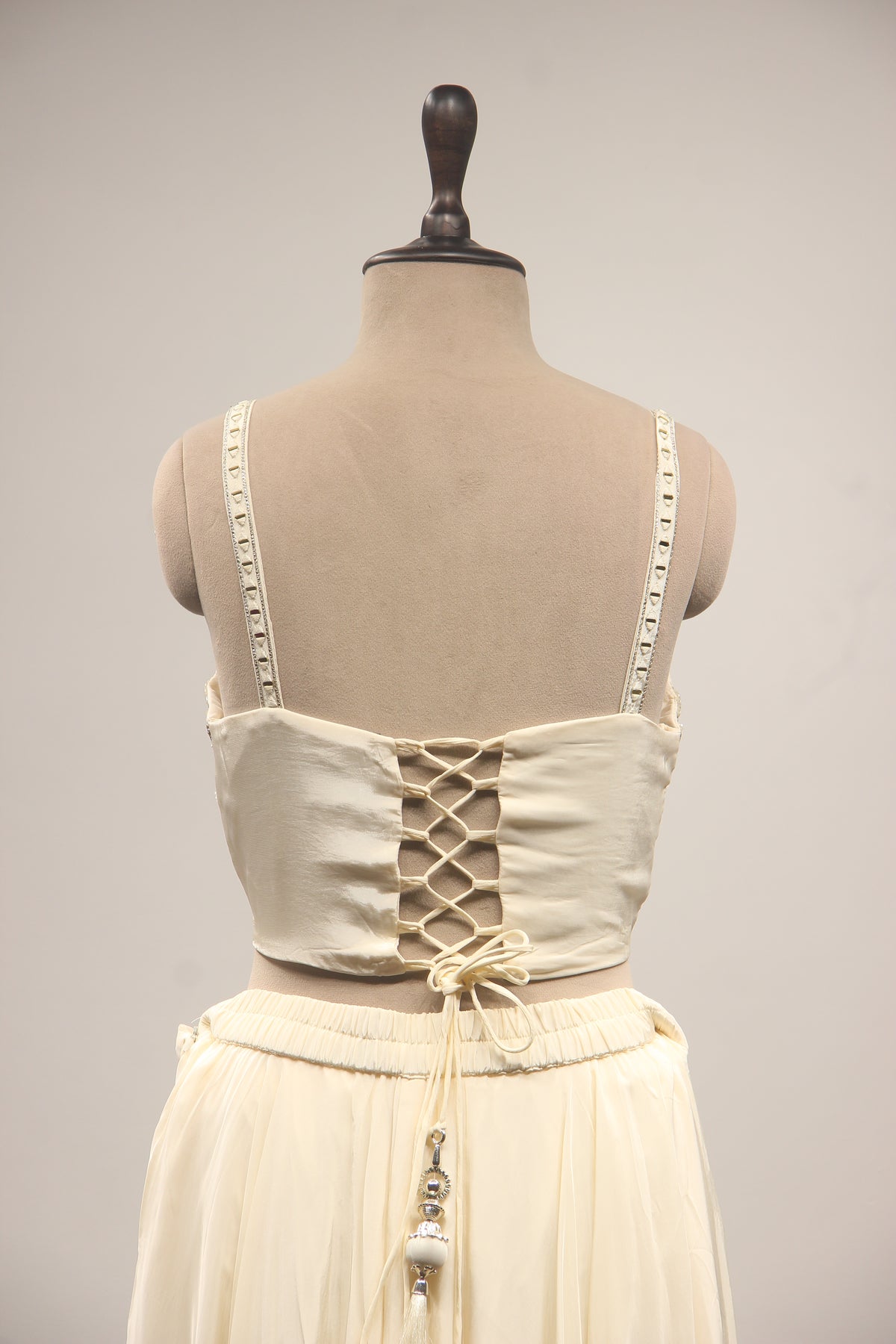 Mirror & Zardozi Embroidered Corset Blouse with Cowl Skirt and Sheer Shrug
