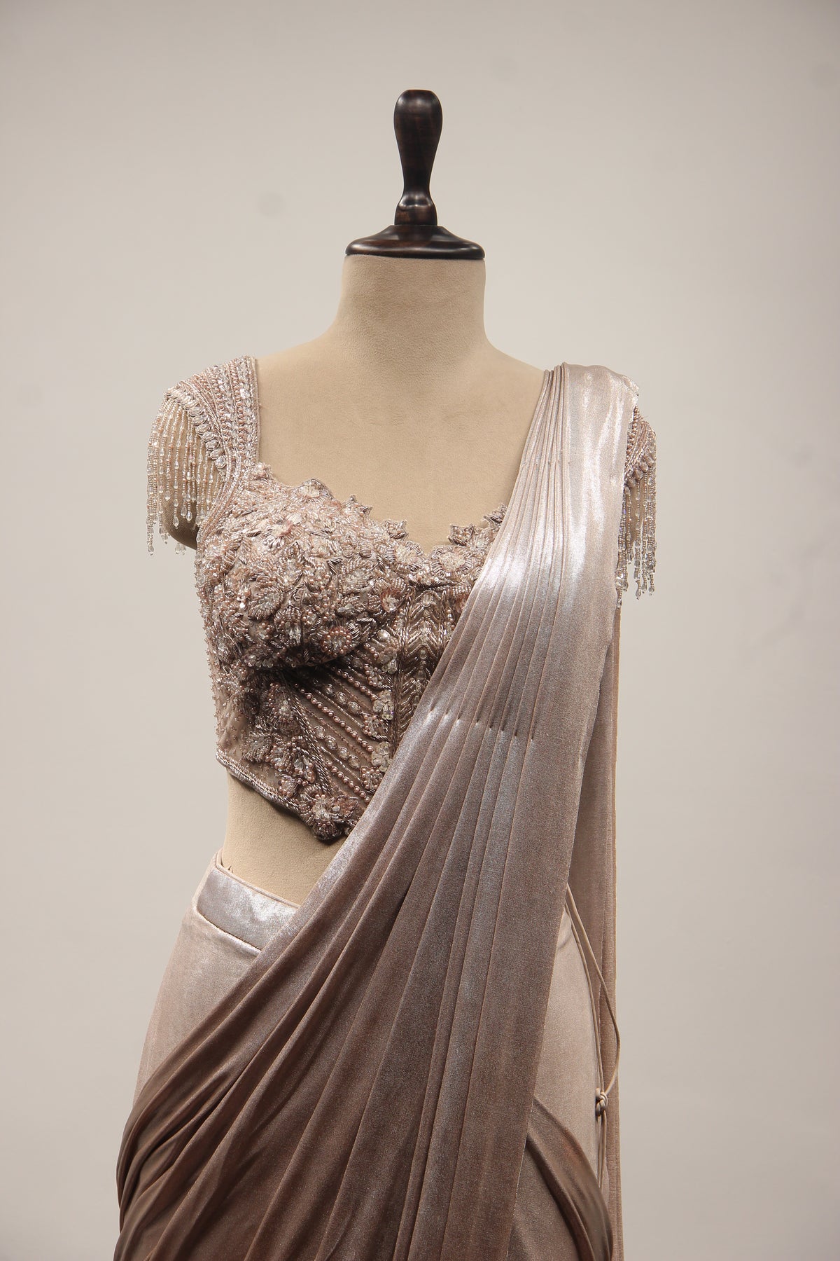 Coffee Imported Drape Saree with Hand Embroidery & Cut Dana Handwork – front close-up