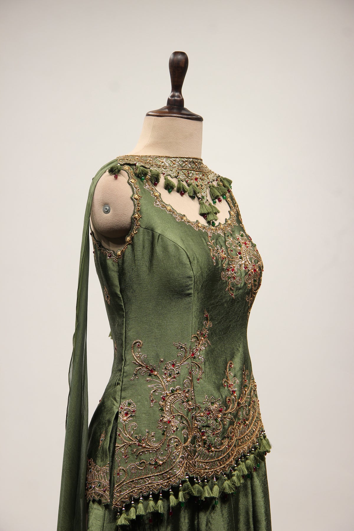 Green Satin Sharara Suit with Zari & Cut Dana Handwork Choker Dupatta – other side close-up