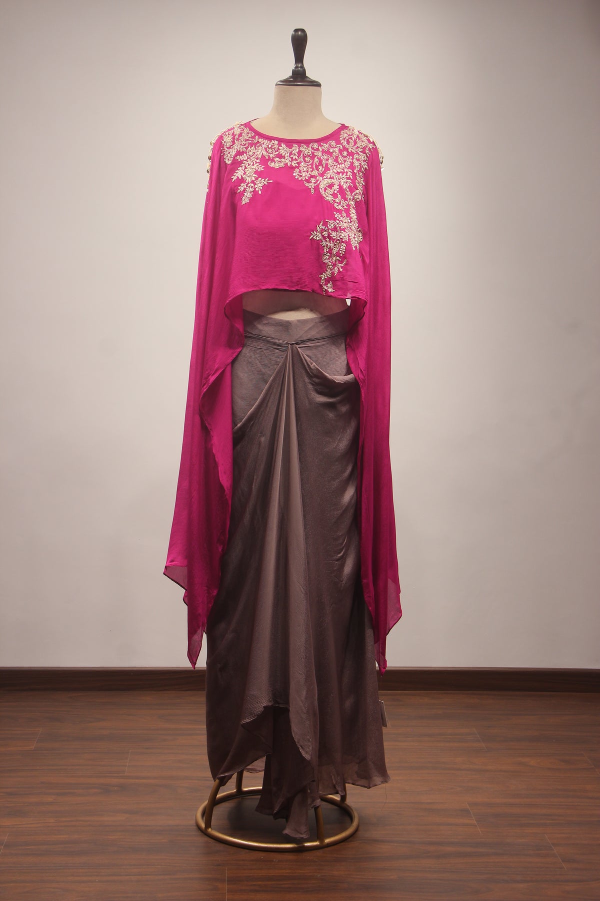 Fuchsia Pink Gota Patti & Zari Embroidered Full-Sleeve Top with Draped Cowl Skirt