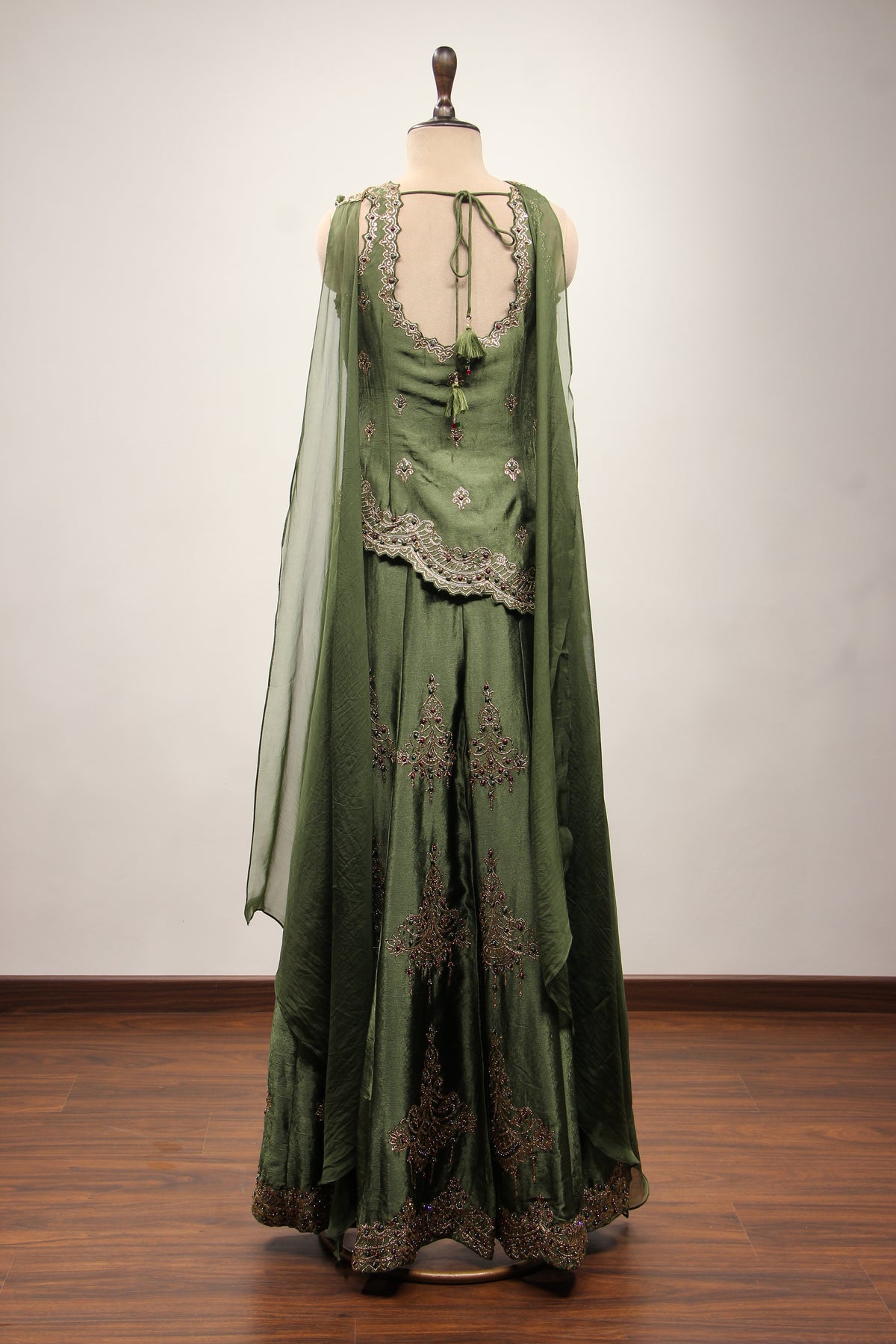 Green Satin Sharara Suit with Zari & Cut Dana Handwork Choker Dupatta – back view
