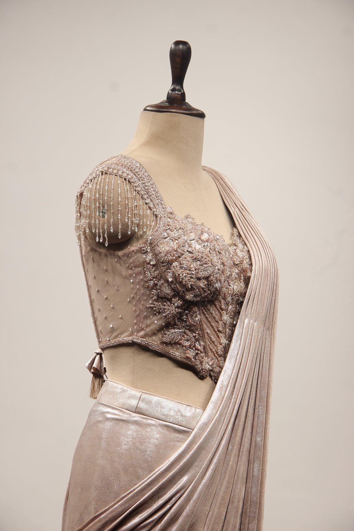 Coffee Imported Drape Saree with Hand Embroidery & Cut Dana Handwork – side close-up