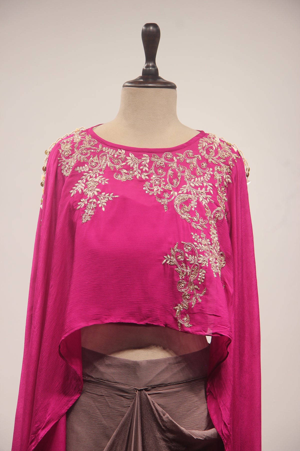 Fuchsia Pink Gota Patti & Zari Embroidered Full-Sleeve Top with Draped Cowl Skirt