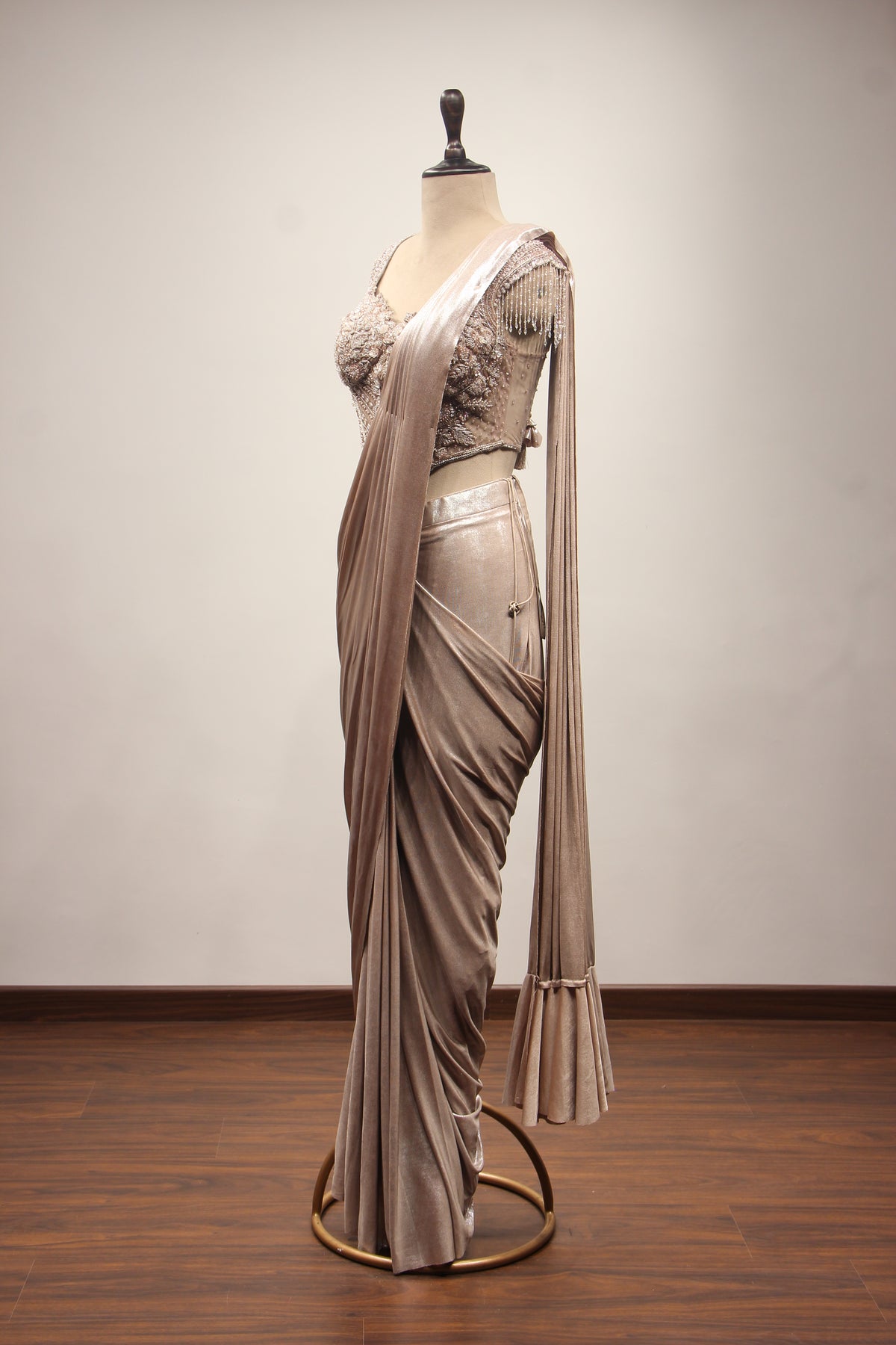 Coffee Imported Drape Saree with Hand Embroidery & Cut Dana Handwork – other side view