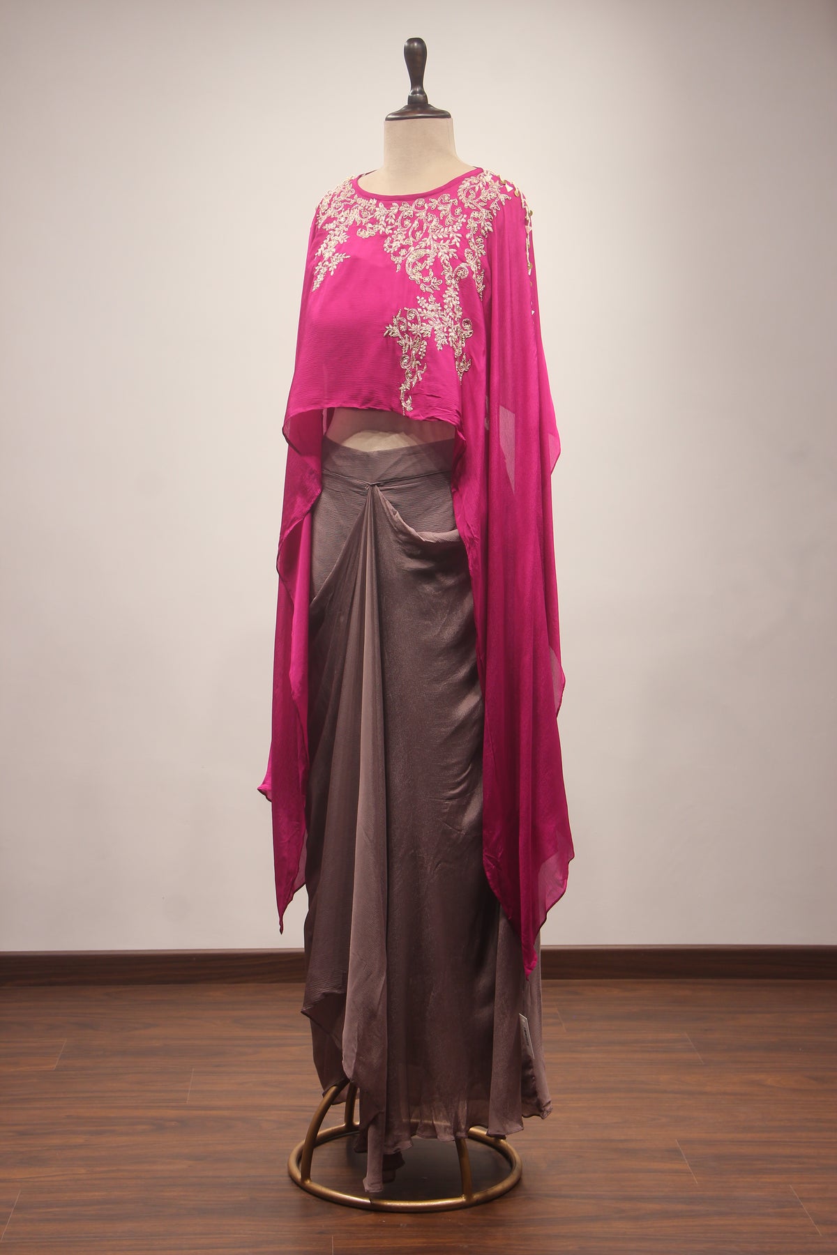Fuchsia Pink Gota Patti & Zari Embroidered Full-Sleeve Top with Draped Cowl Skirt